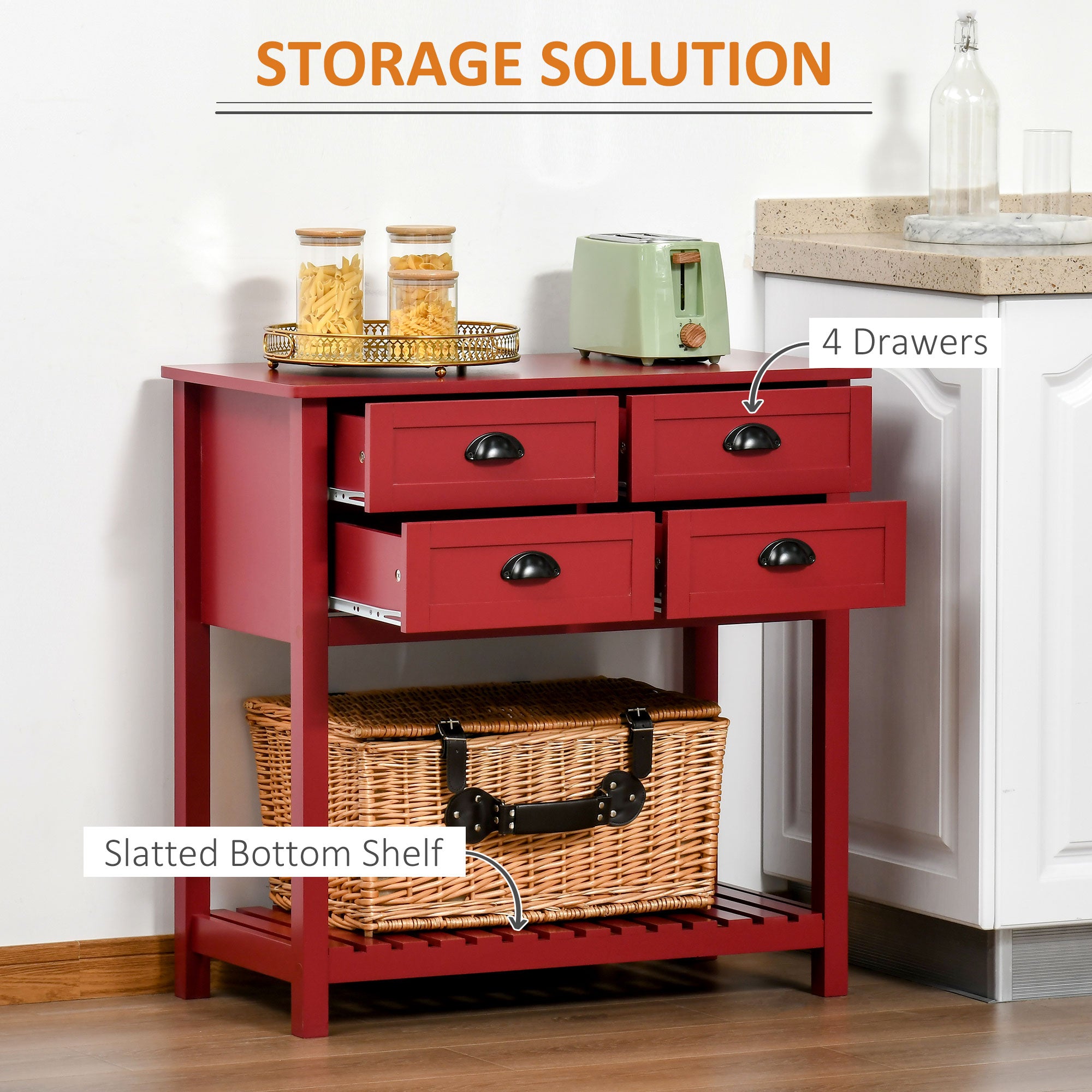 Sideboard Buffet Cabinet with Storage, Modern Coffee Bar Cabinet with 4 Drawers and Slatted Bottom Shelf, Console Table for Kitchen, Living Room, Dining Room, Hallway, Red