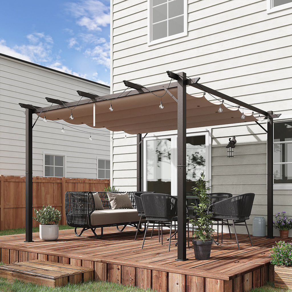 10' x 10' Outdoor Pergola Aluminum Gazebo w/ Retractable Canopy for Patio, Backyard, Party, Brown