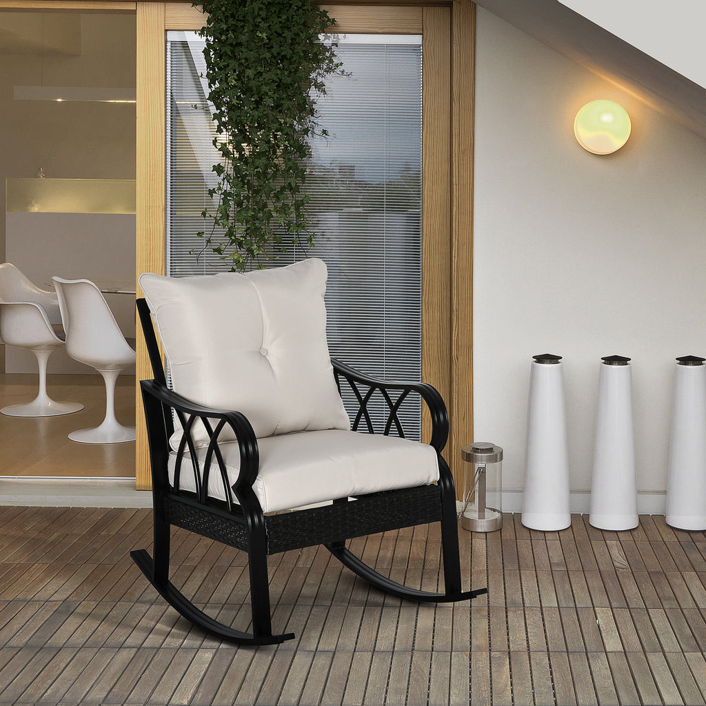 Outdoor Wicker Rocking Chair with Padded Cushions, Aluminum Furniture Rattan Porch Rocker Chair w/ Armrest for Garden, Patio, and Backyard, Khaki