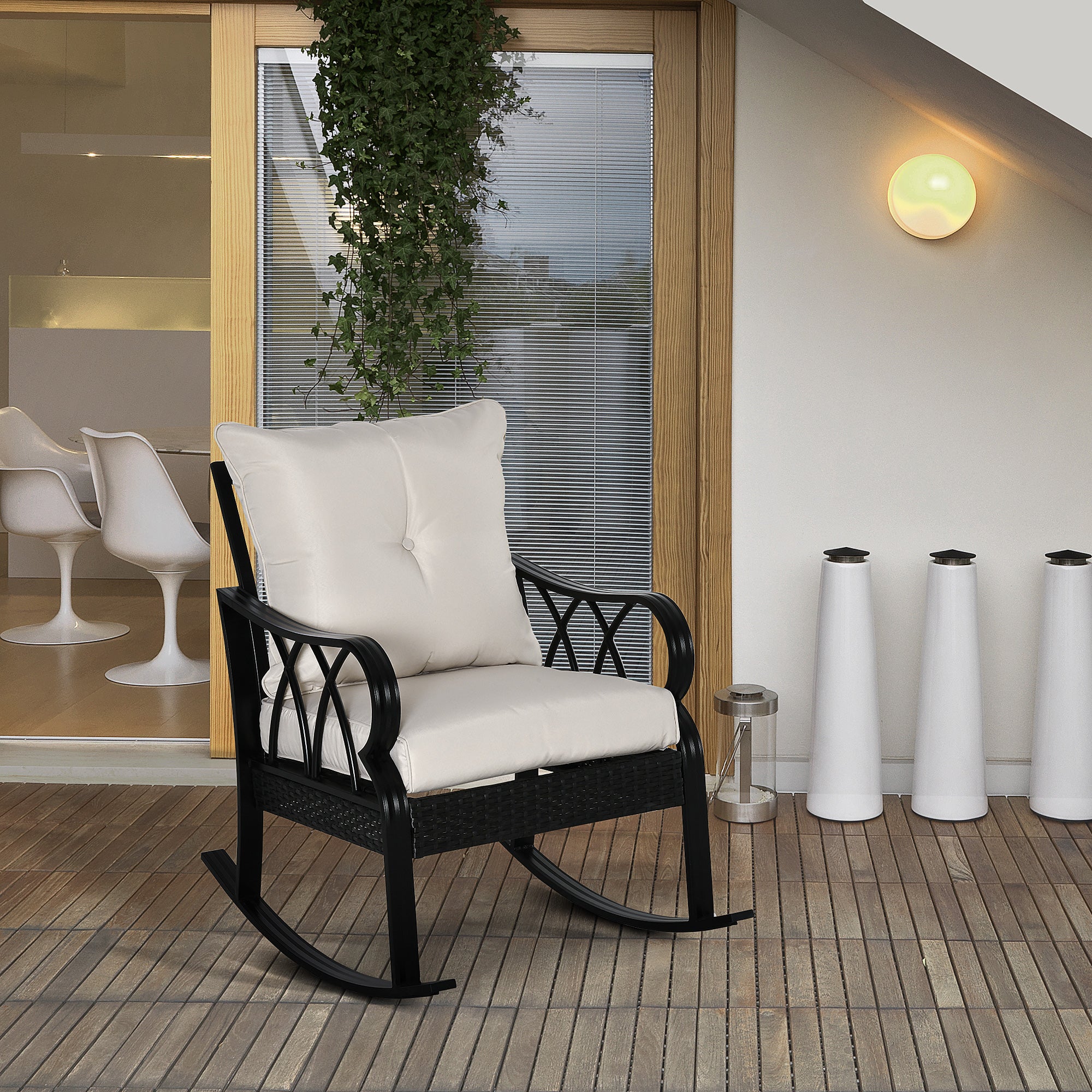 Outdoor Wicker Rocking Chair with Padded Cushions, Aluminum Furniture Rattan Porch Rocker Chair w/ Armrest for Garden, Patio, and Backyard, Khaki