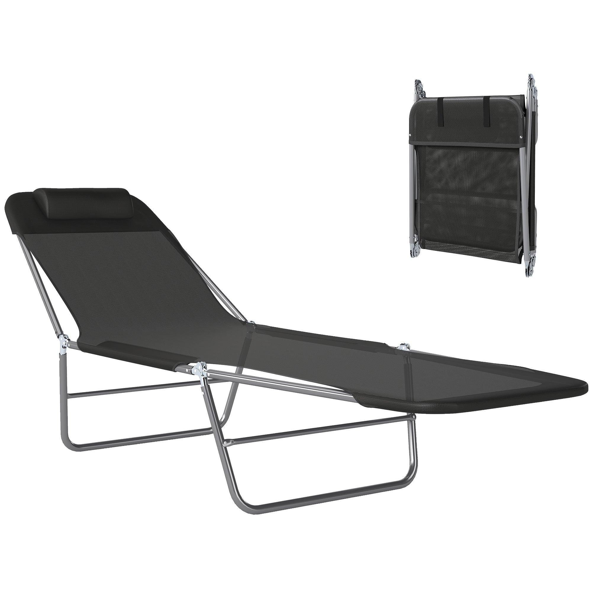 Folding Chaise Lounge Pool Chairs, Outdoor Sun Tanning Chairs with Pillow, Reclining Back, Steel Frame & Breathable Mesh for Beach, Yard, Patio, Black