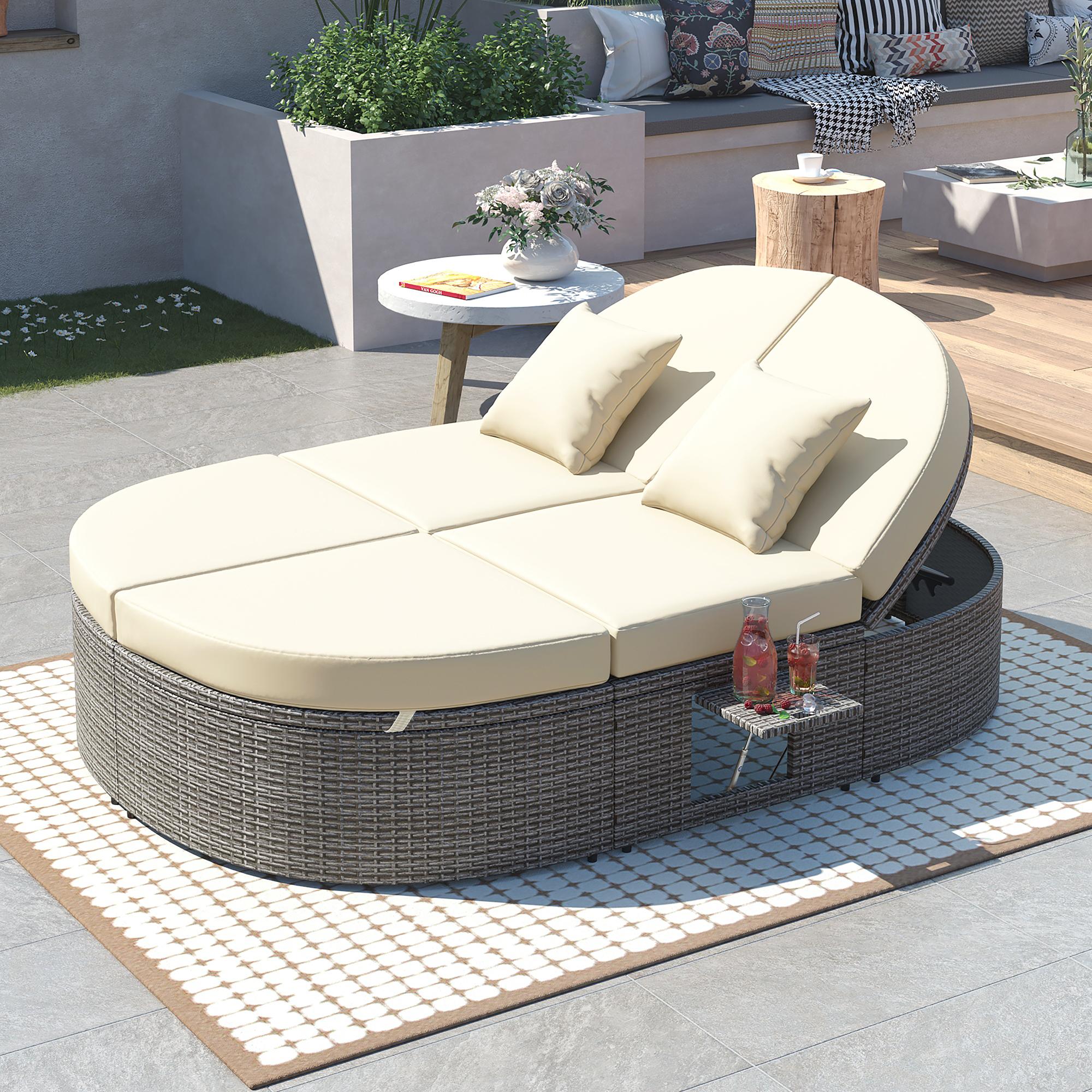 2-Person Patio Daybed with Adjustable Backrest & Cup Tray, Wicker Chaise Lounge with Thick Cushion, 78.5'' L x 55.5'' W x 16.5'' H, Beige