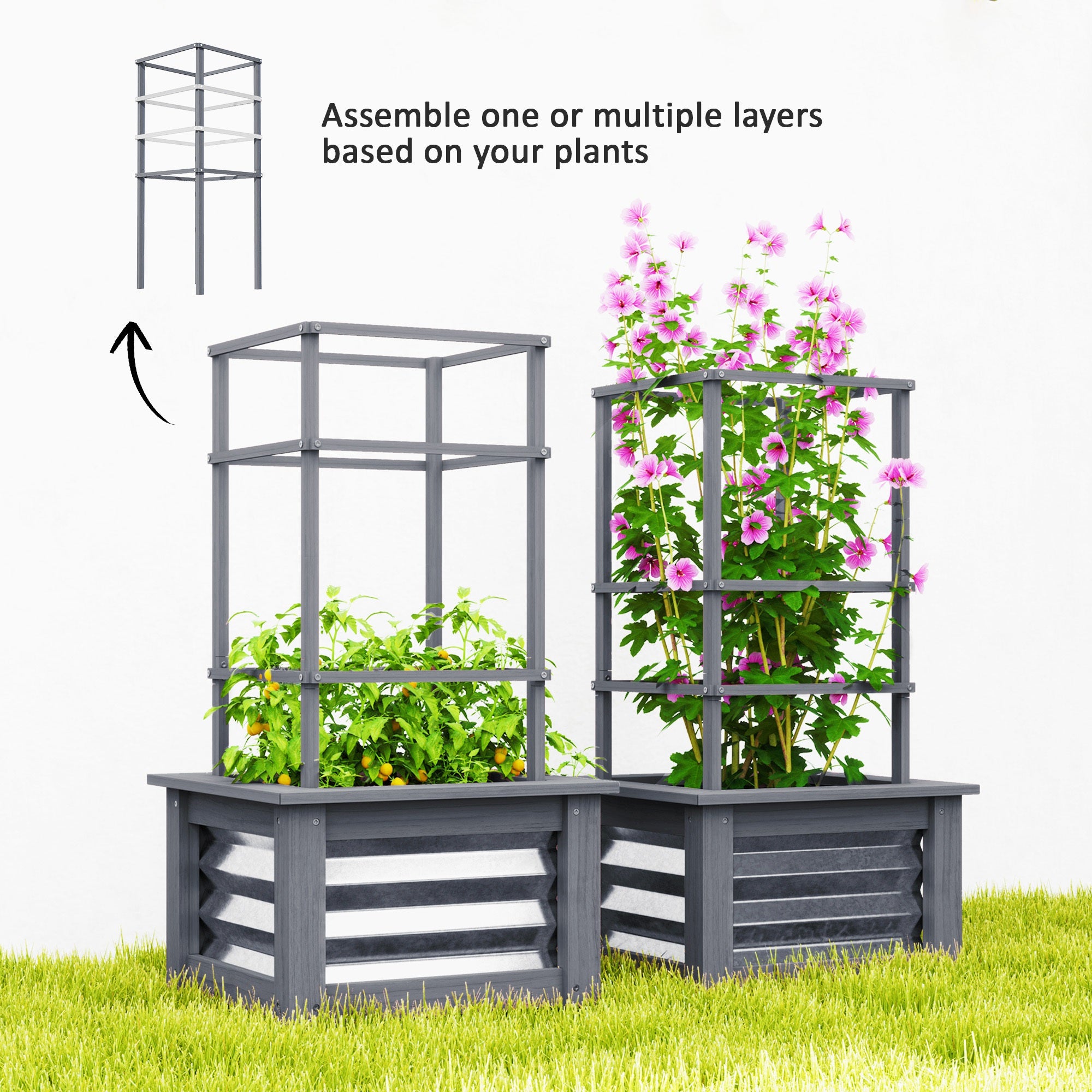 Wooden Raised Garden Bed with Trellis, Galvanized Planter Box Elevated Garden Bed for Garden, Patio, Gray