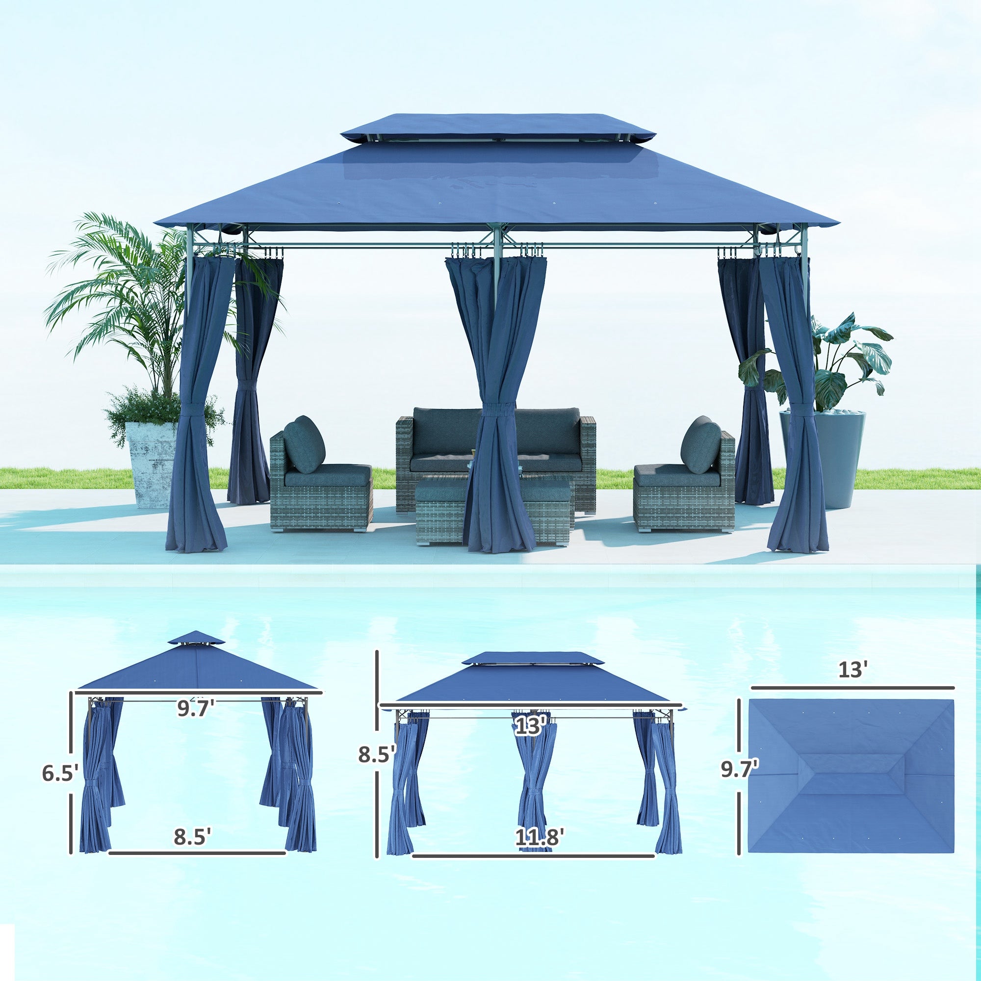 10' x 13' Double Roof Patio Gazebo, Outdoor Gazebo with Curtains, for Garden, Lawn, Backyard and Deck, Dark Blue
