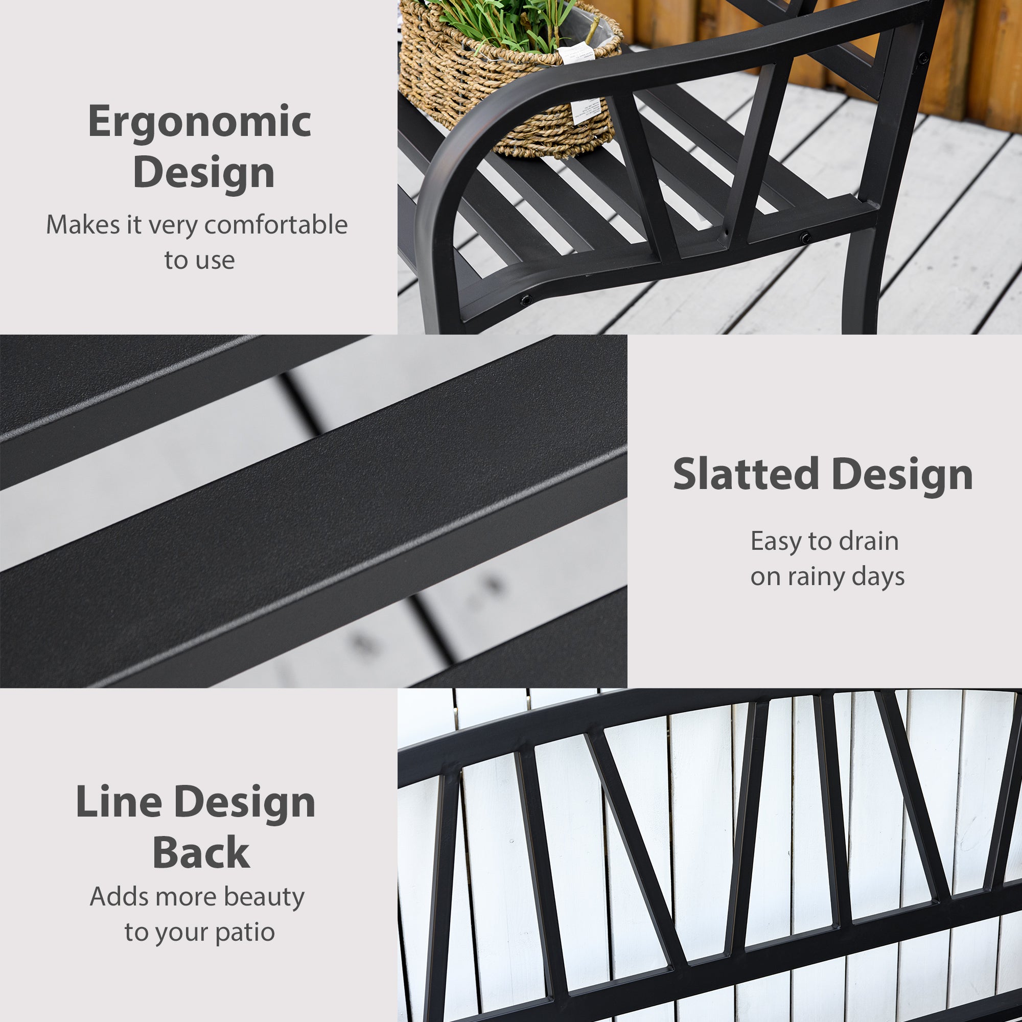50" Outdoor Bench, Metal Garden Bench with V-Shaped Pattern Backrest, Porch Bench with Slatted Seat for Park, Yard, Lawn, Black