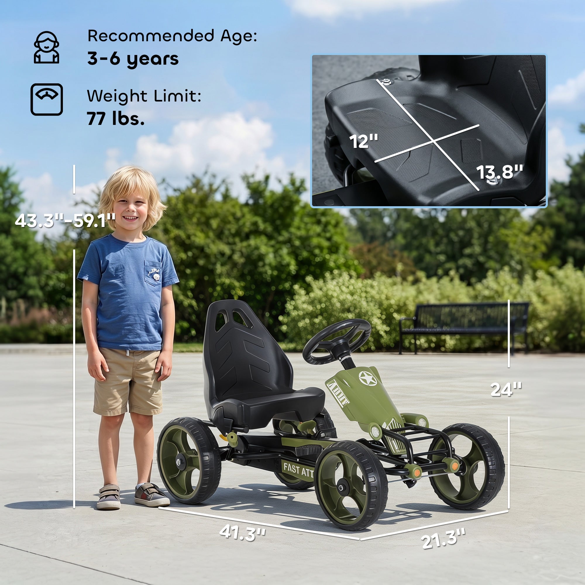 Pedal Go Kart for Kids with Adjustable Seat for 3-6 Year Old Boys and Girls, Green