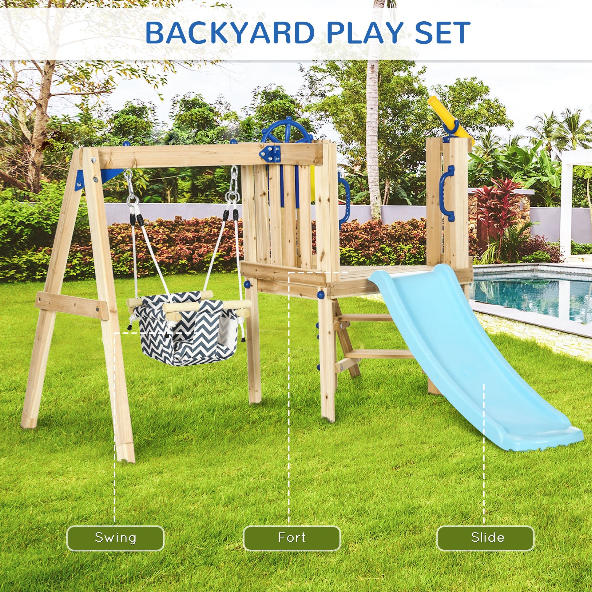 Swing Set for Backyard, Wooden Toddler Outdoor Playset with Baby Swing Seat, Kids Slide, Fort, Playground Equipment with Captain's Wheel, Telescope for Ages 1.5-4, Natural