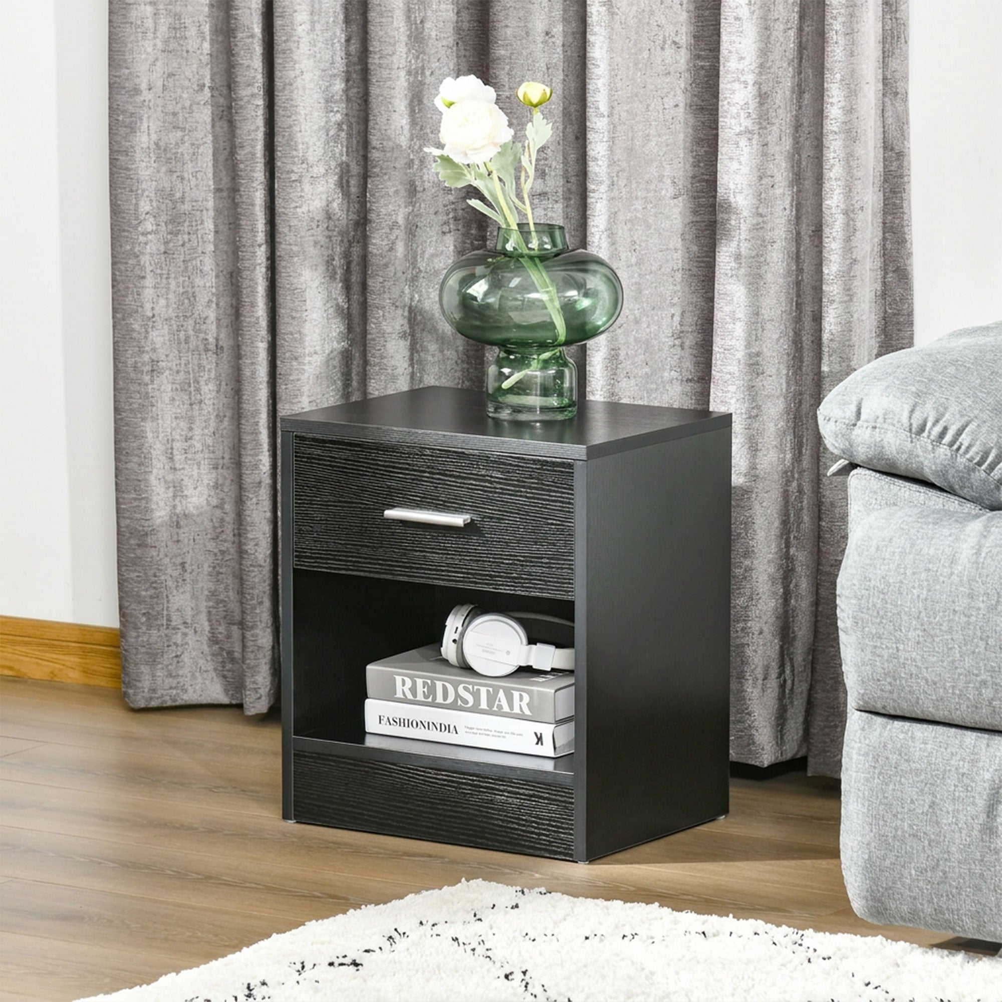 Modern Side Table with Drawer and Storage Shelf, End Table for Living Room, Black Wood Grain