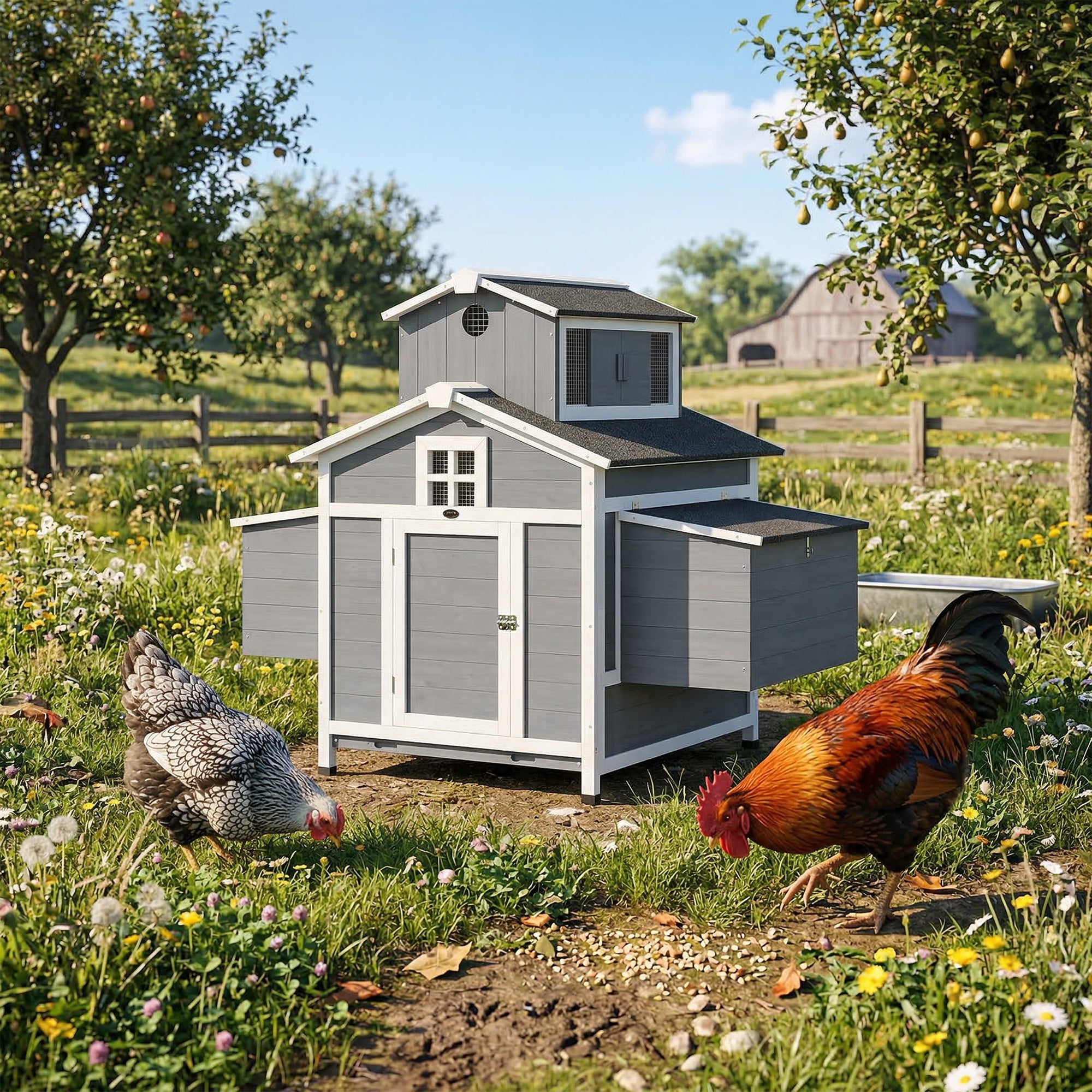 Chicken Coop for 2 Chickens, Wooden Hen House with Nesting Box, Pull-Out Tray, Ventilation Windows