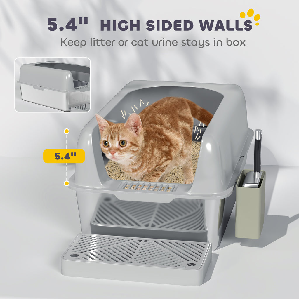2 Pack High Sided Stainless Steel Litter Box with Metal Scoop & Scoop Holder, for Anti-Urine Leakage, Light Gray