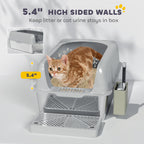 2 Pack High Sided Stainless Steel Litter Box with Metal Scoop & Scoop Holder, for Anti-Urine Leakage, Light Gray