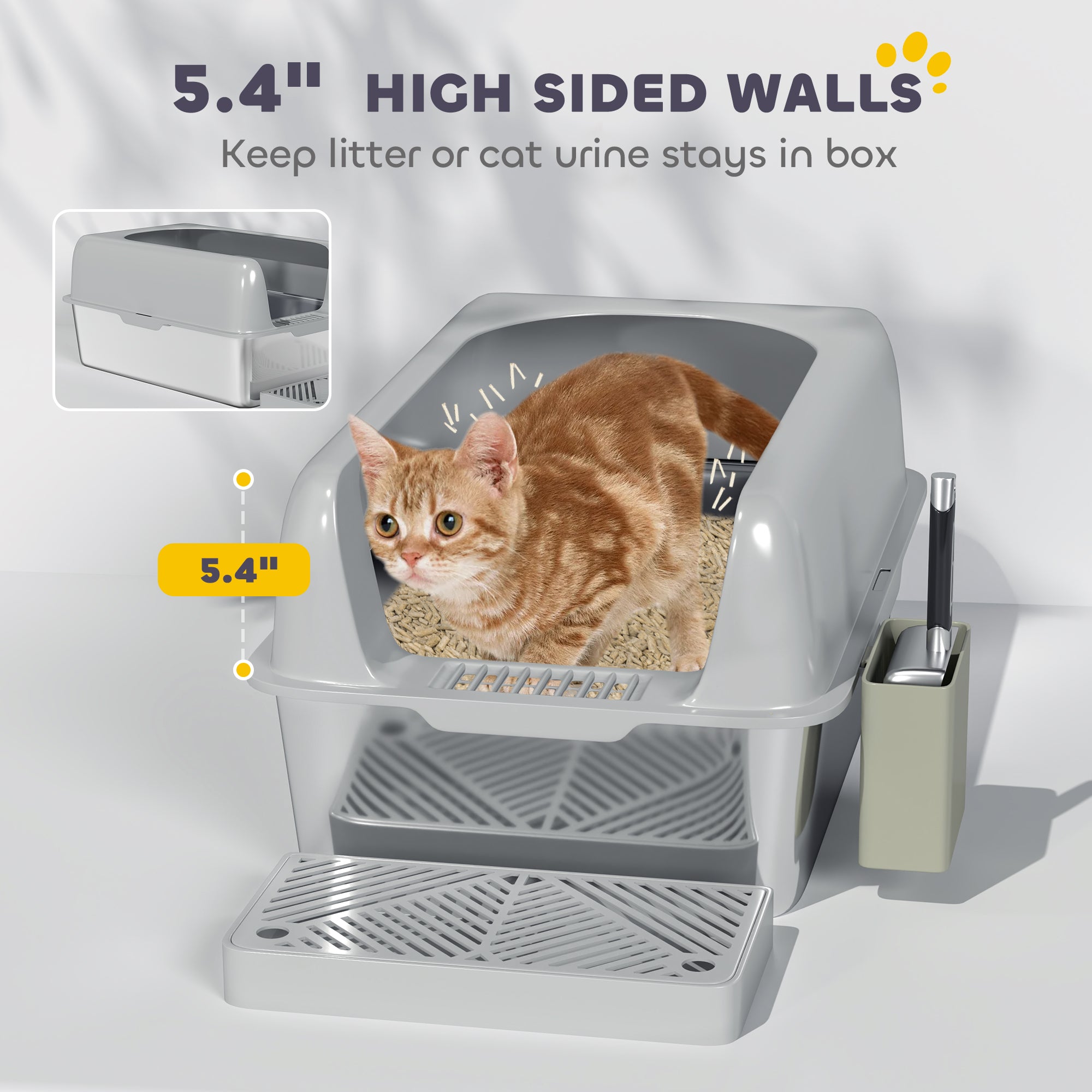 2 Pack High Sided Stainless Steel Litter Box with Metal Scoop & Scoop Holder, for Anti-Urine Leakage, Light Gray