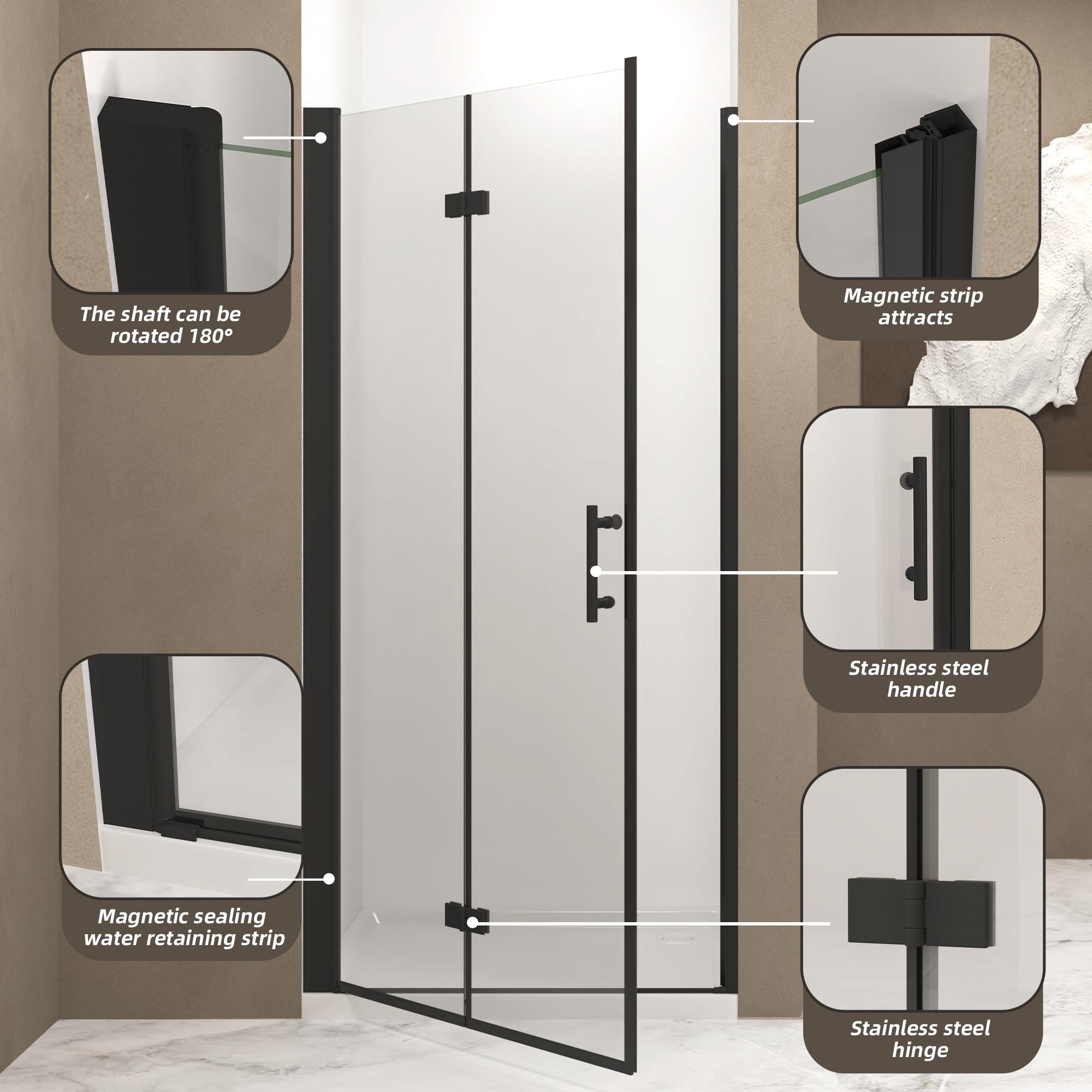 32" Bifold Shower Door with Stainless Steel Handle and Raised Water-Blocking Strips, Space-Saving Panel for Bathroom, 32" L x 0.5" W x 72" H, Matte Black