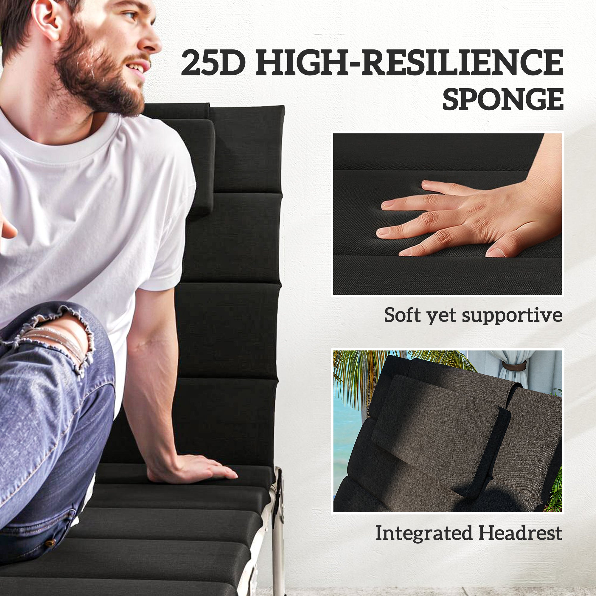 Foldable Chaise Lounge Cushion Set of 2, Outdoor Lounge Chair Cushion Set, UPF50+ 230gsm Olefin, 80" x 26" Black