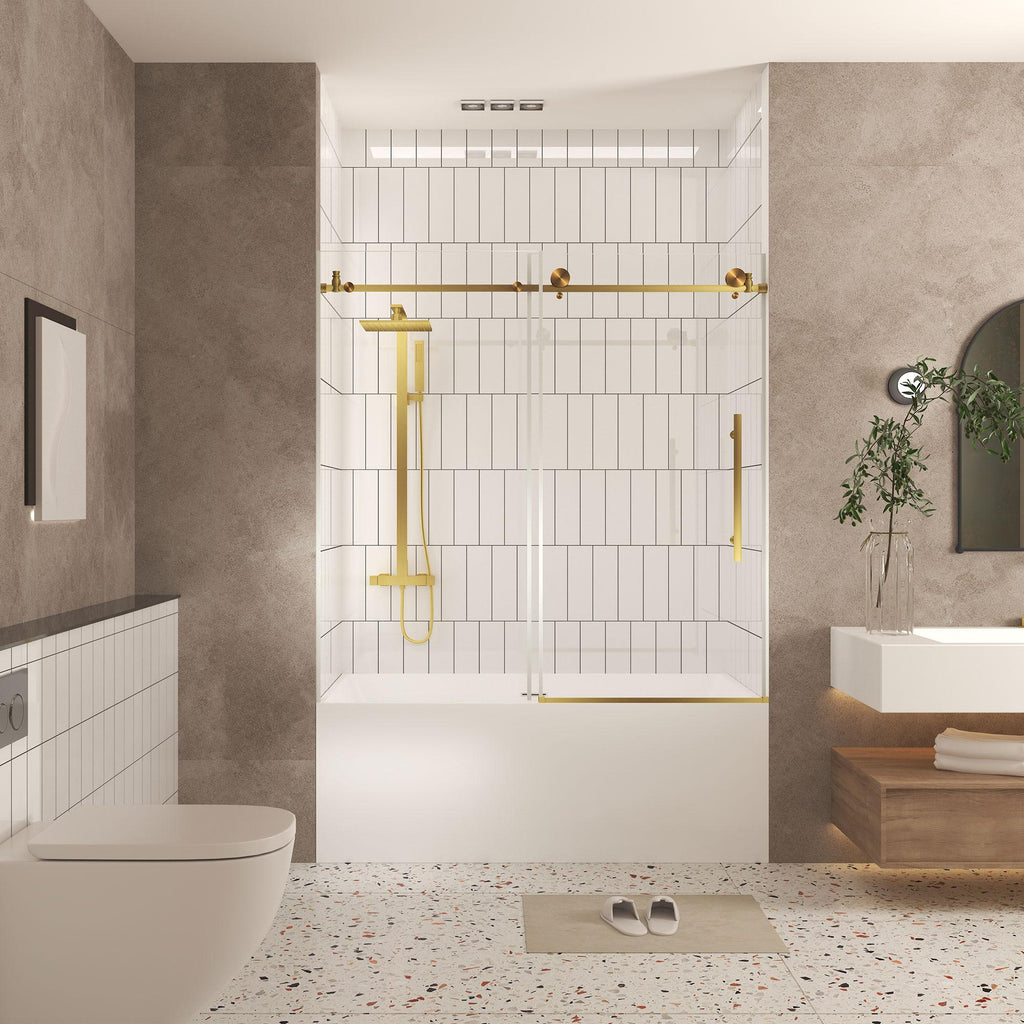Frameless Sliding Shower Door with Smooth Quiet Stainless Steel Rollers & Round Tracks, Panel for Bathroom, 60" L x 0.5" W x 60" H, Brushed Gold