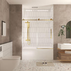 Frameless Sliding Shower Door with Smooth Quiet Stainless Steel Rollers & Round Tracks, Panel for Bathroom, 60" L x 0.5" W x 60" H, Brushed Gold