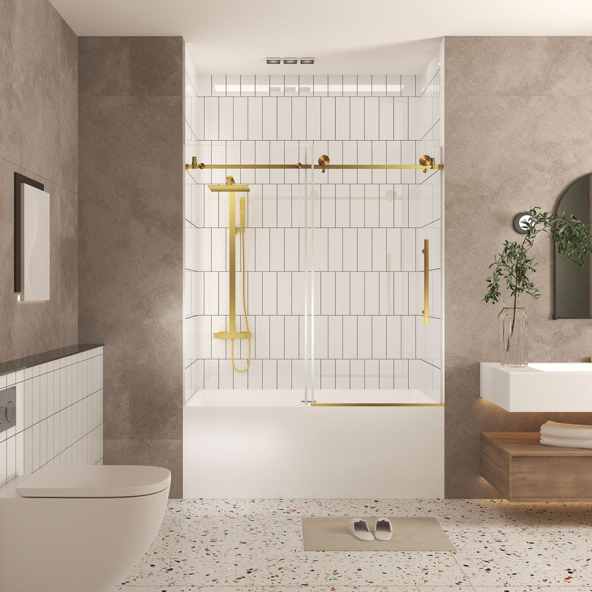 Frameless Sliding Shower Door with Smooth Quiet Stainless Steel Rollers & Round Tracks, Panel for Bathroom, 60" L x 0.5" W x 60" H, Brushed Gold