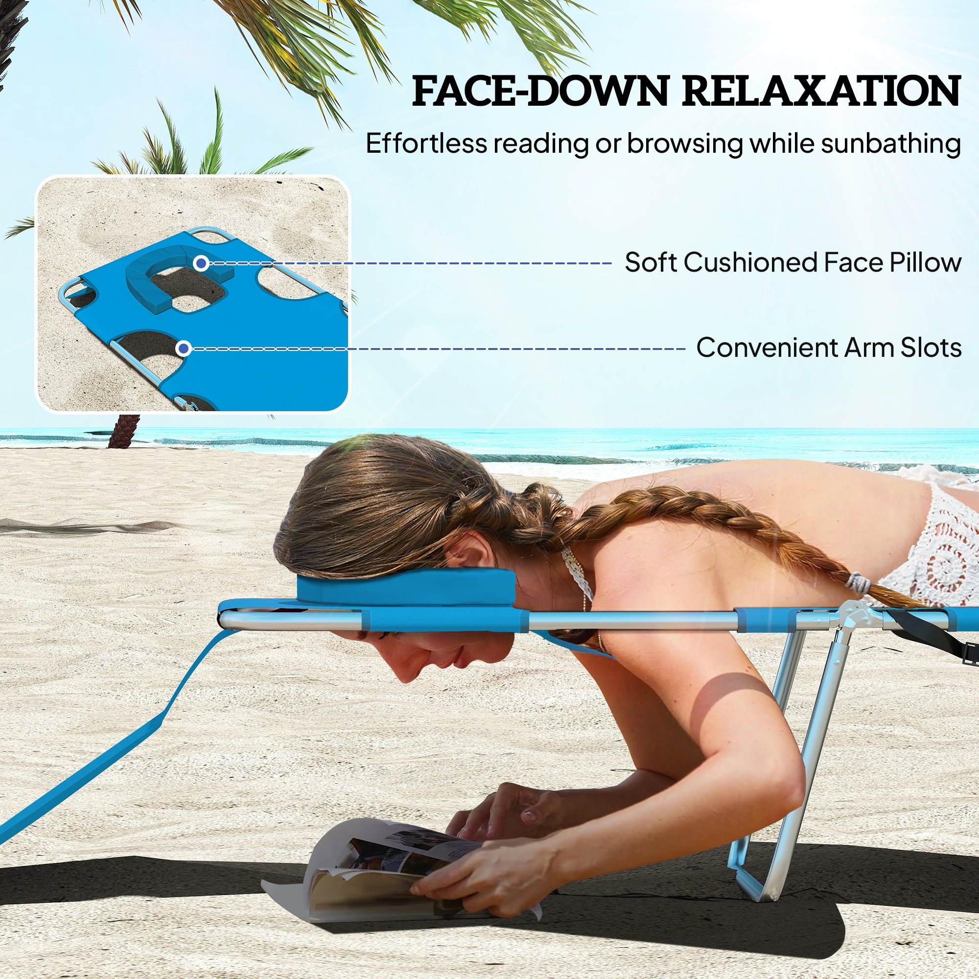 Tanning Chair with Face Hole, 5-Level Adjustable Outdoor Chaise Lounge Chair with Pillow for Beach, Pool, Light Blue