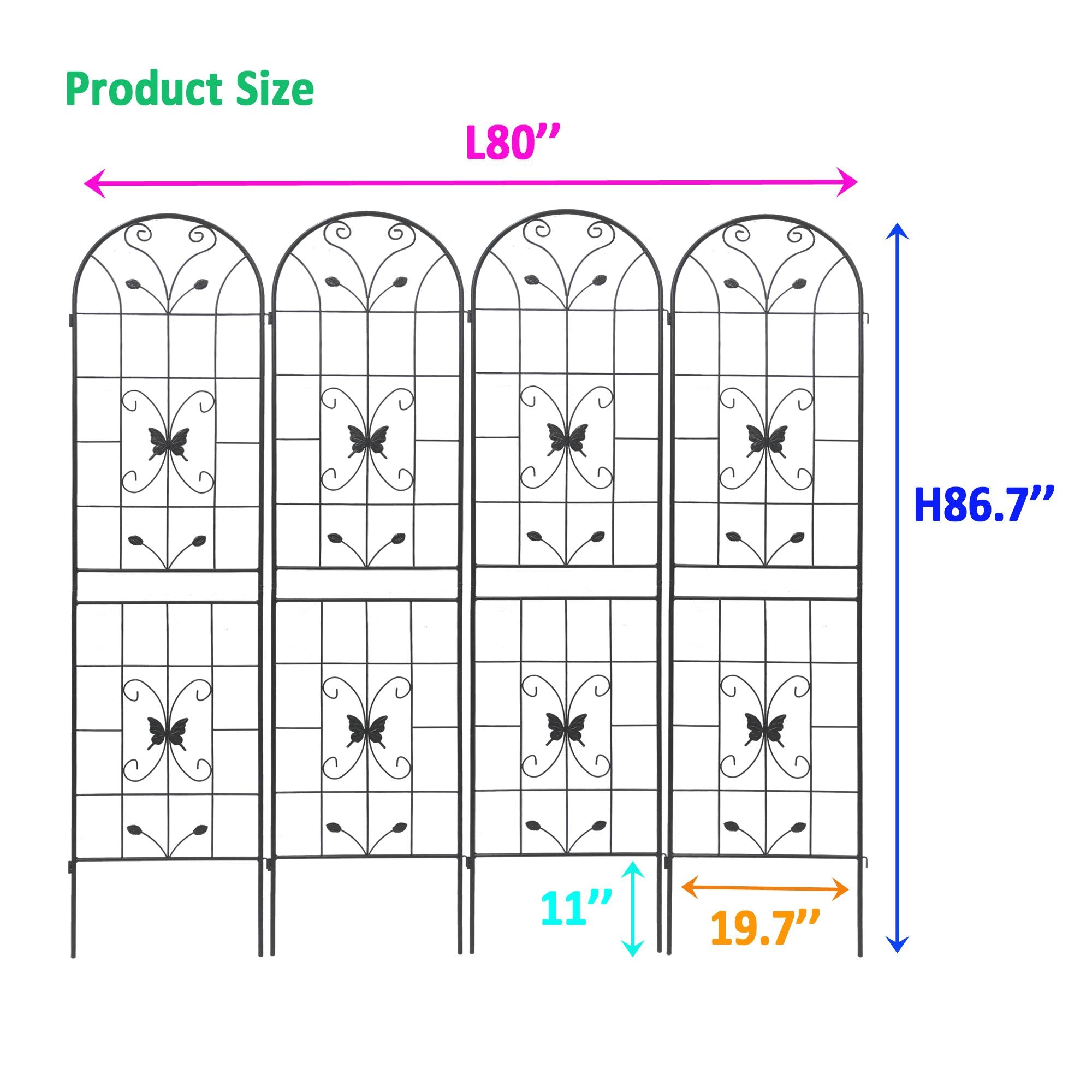4 Pack Metal Garden Trellis with Butterfly Decoration and Powder Coated Iron, Extendable Design Rustproof Climbing Plant Support, Black
