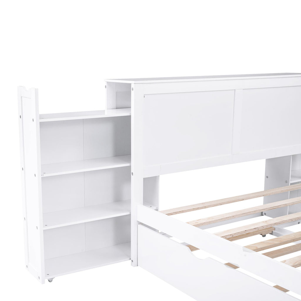 Full Size Storage Platform Bed with Pull Out Shelves, Twin Size Trundle, Solid Wood and MDF, 98" L x 89" W x 39.5" H, White