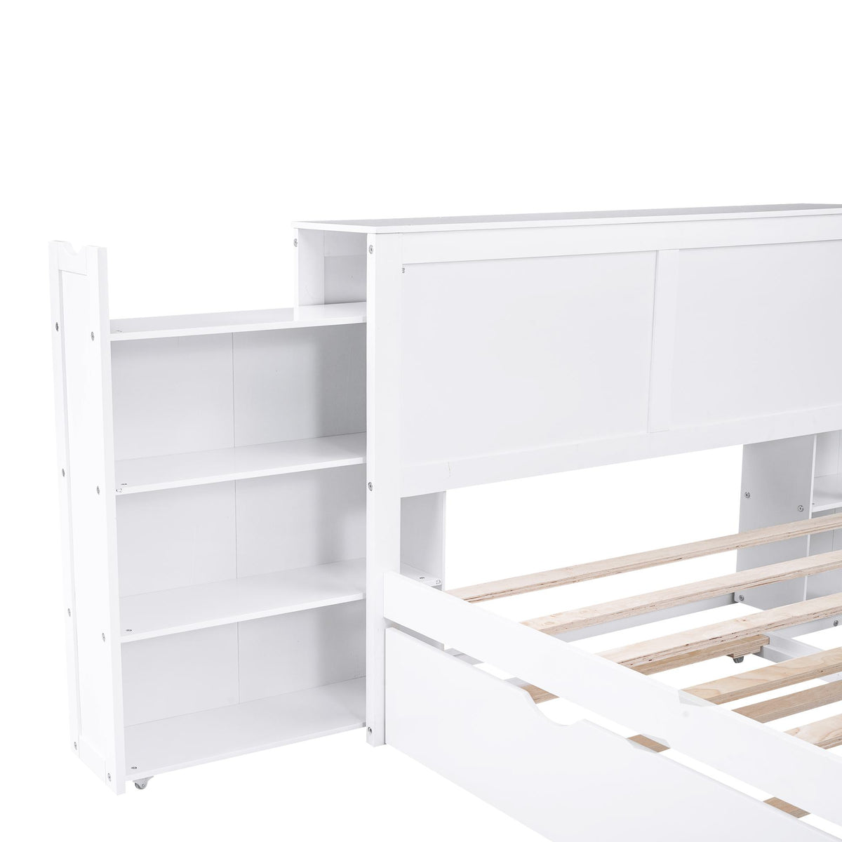 Full Size Storage Platform Bed with Pull Out Shelves, Twin Size Trundle, Solid Wood and MDF, 98" L x 89" W x 39.5" H, White