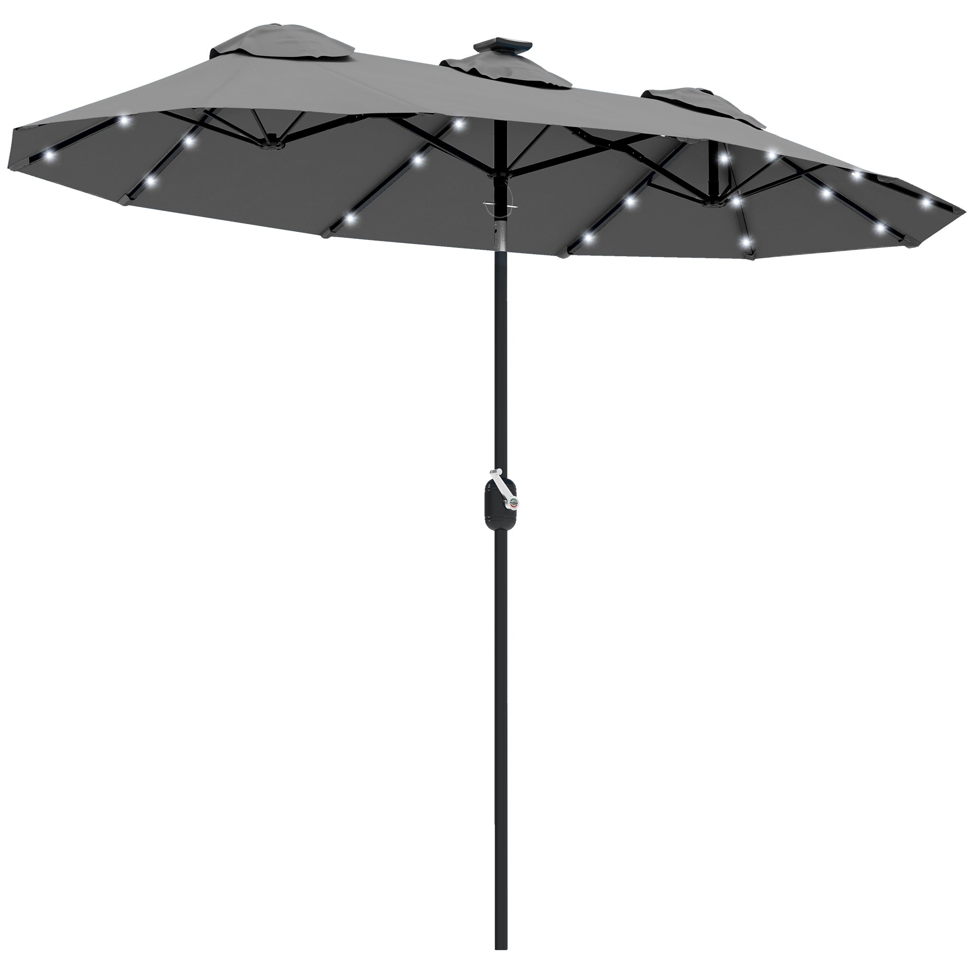 Double-sided Patio Umbrella, 9.7' Outdoor Umbrella with Tilt and Crank, LED Solar Light and 12 Ribs, Gray