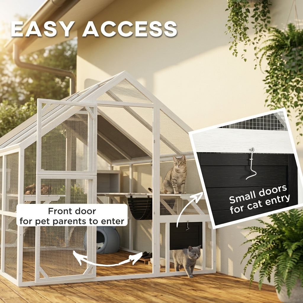 Wooden Catio Outdoor Cat Enclosure with Waterproof Cover, 2 Condos, 6 Platforms, Bridge, Doors, White