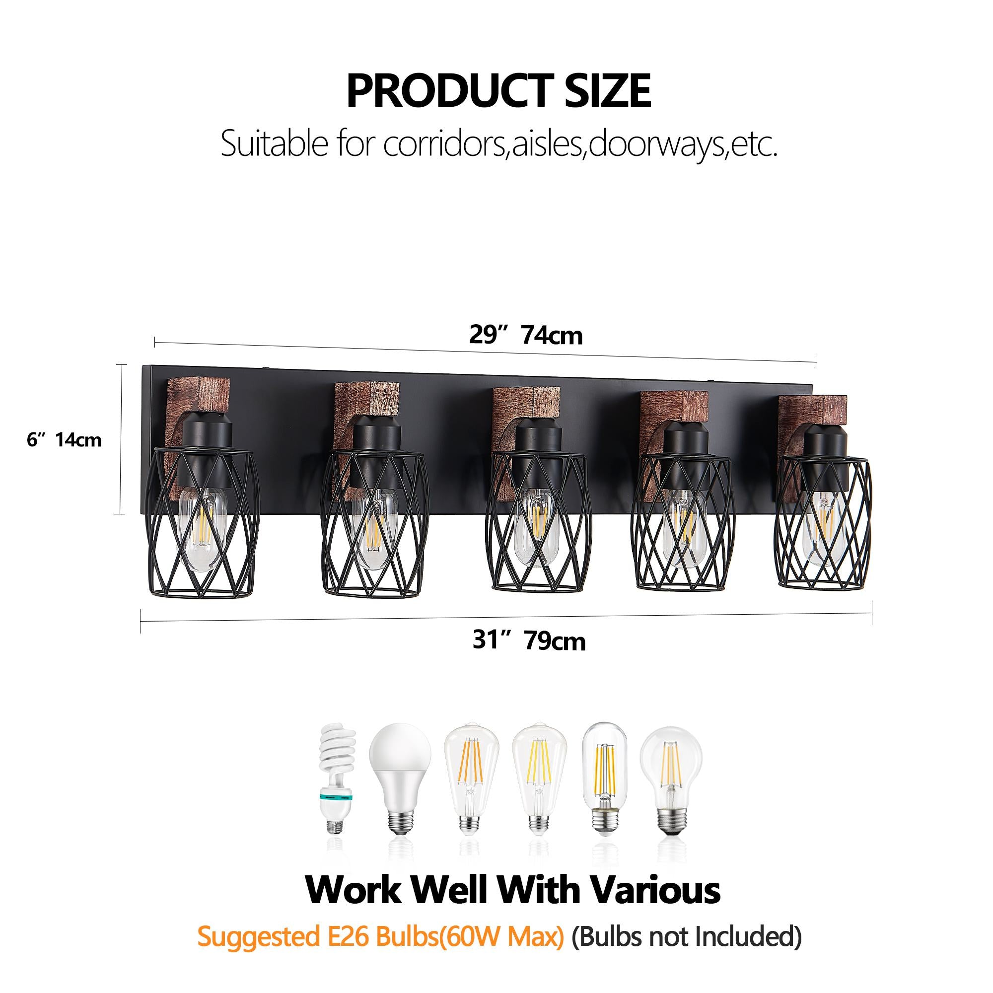 31" Industrial Vintage 5-Light Wall Sconce with Wooden Accents, Cage Fixture for Hallway, Living Room, 31" L x 6" W x 8.5" H, Walnut+Black