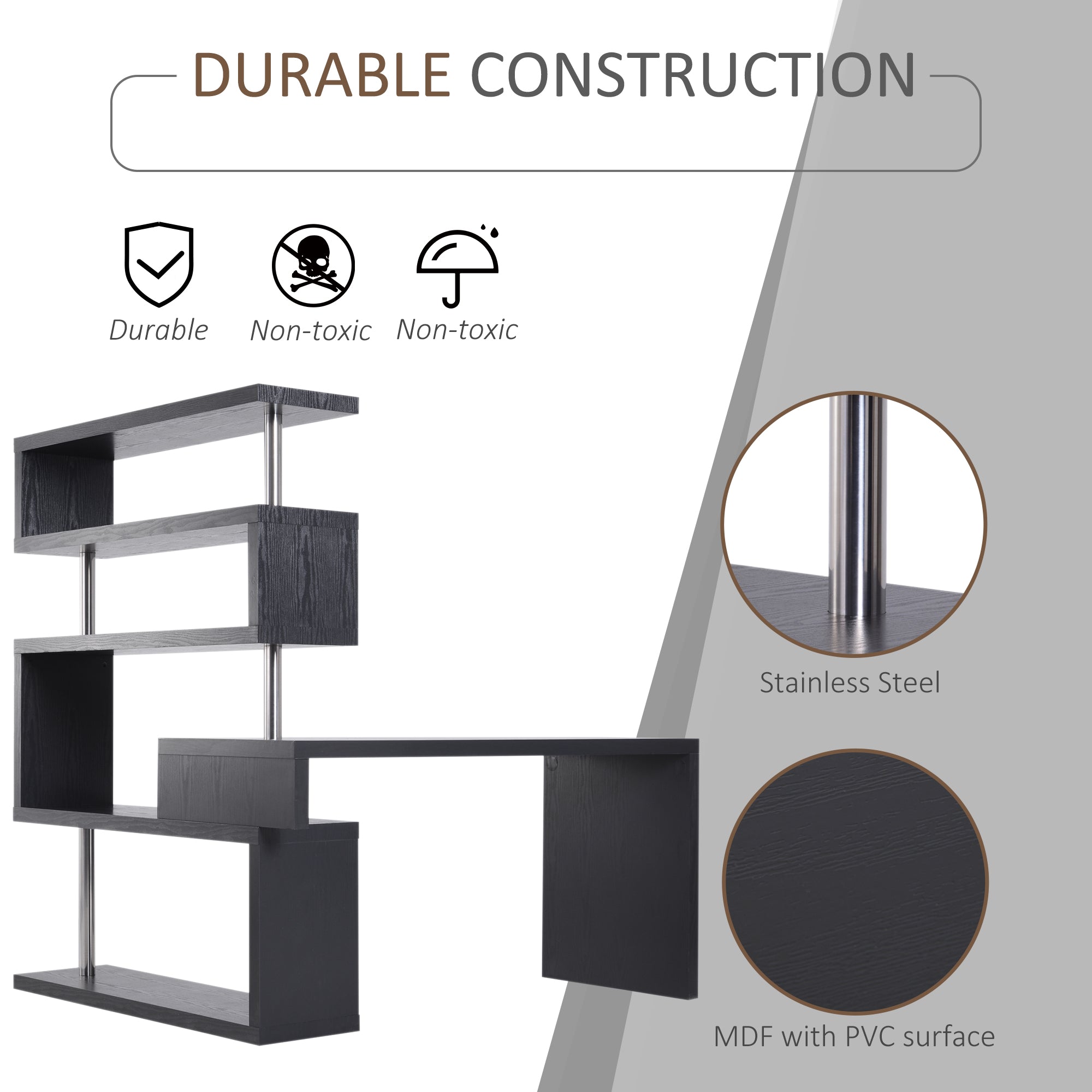 94" 5 Tier L-Shaped Computer Desk Rotating Writing Table Corner Desk with Display Shelves and Stainless Steel Frame, Black