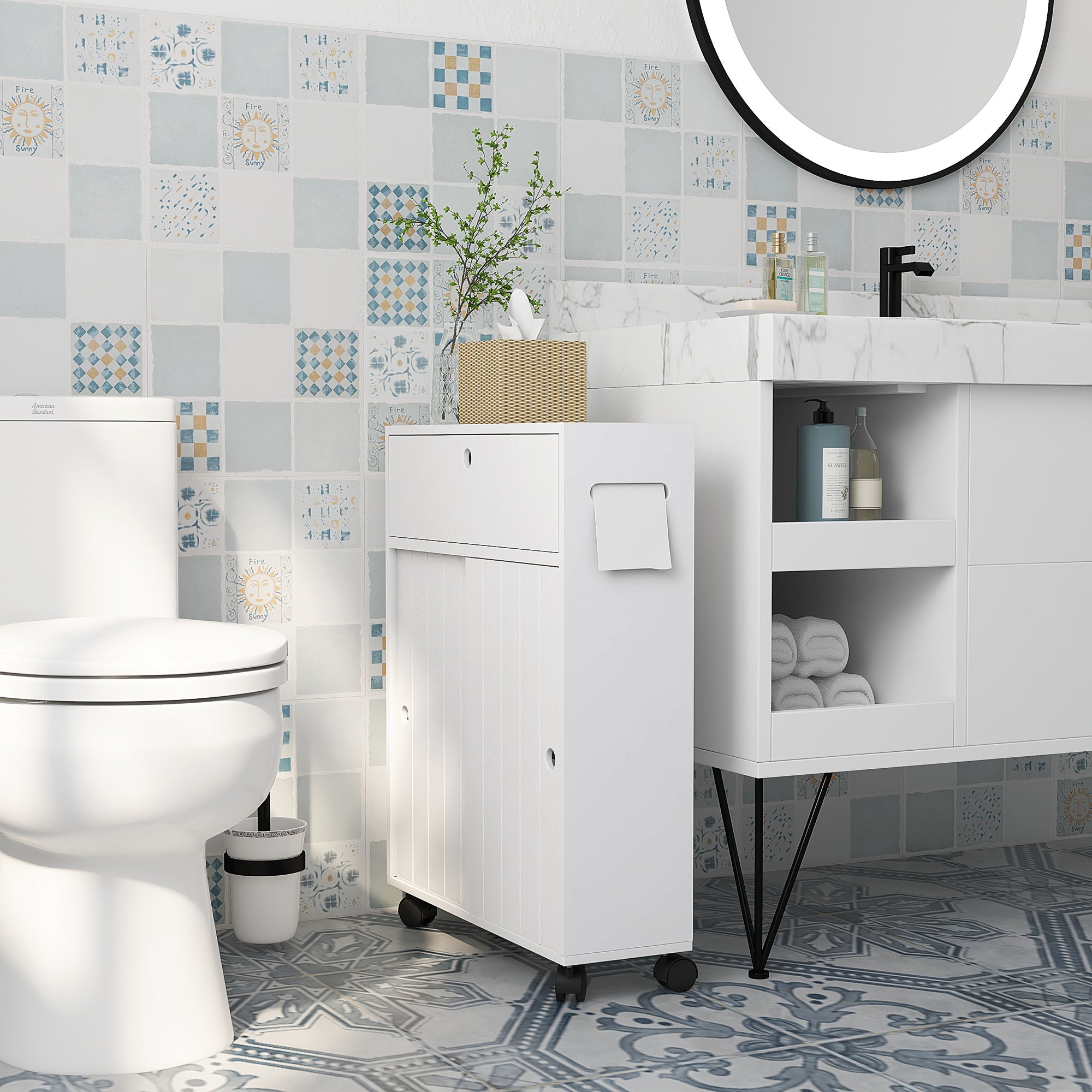 Toilet Paper Cabinet, Slim Bathroom Cabinet with 4 Rolling Wheels, Small Bathroom Storage Cabinet with Paper Holes, Sliding Doors and Adjustable Shelf for Small Space, White