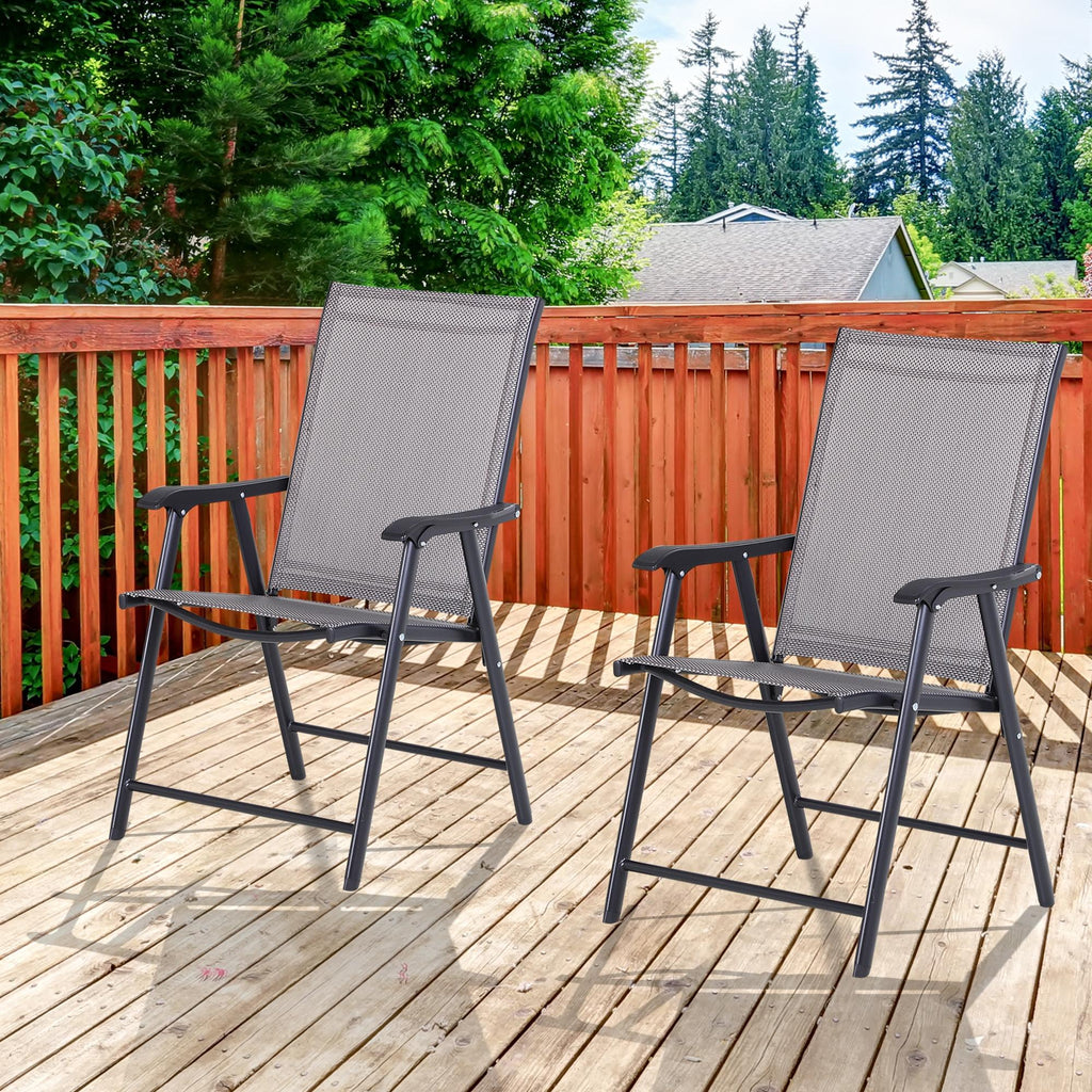 Set of 2 Outdoor Folding Chairs, Stackable Patio Dining Chairs with Armrests, Metal Frame, Gray