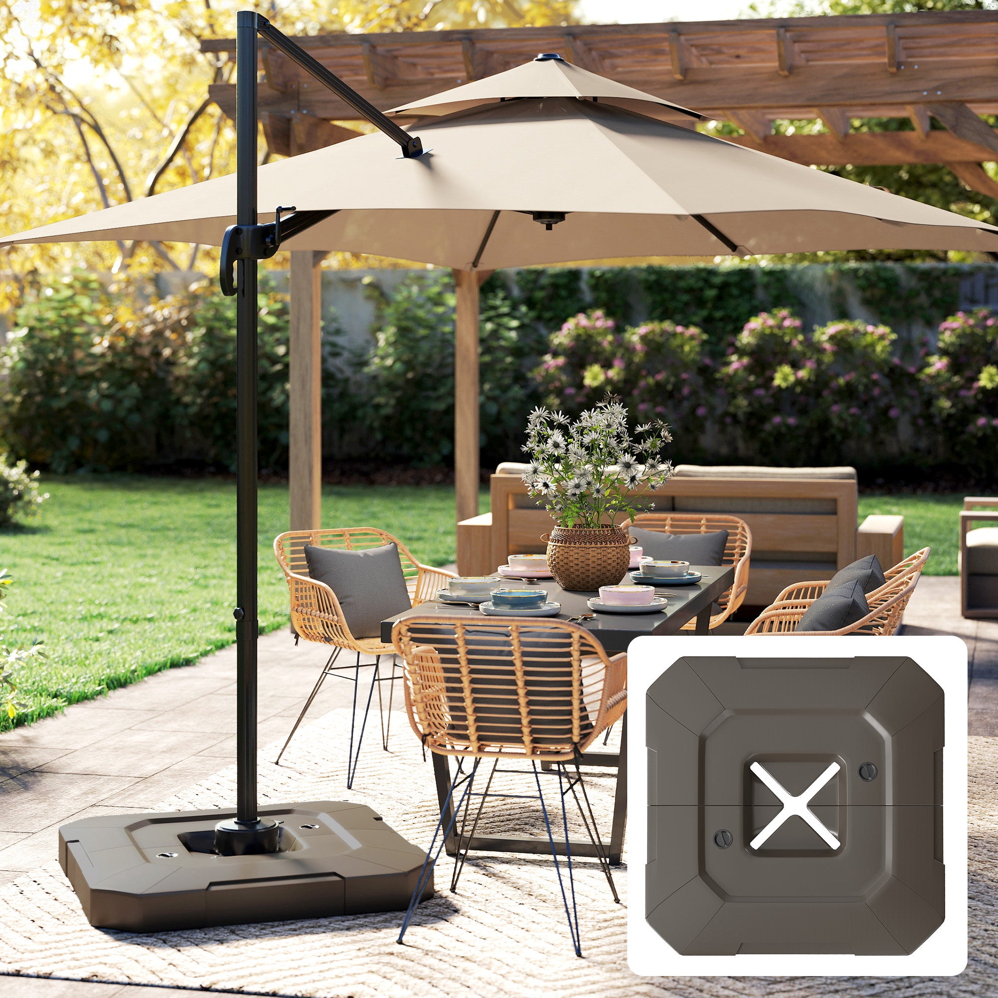 2-Piece Cantilever Umbrella Base Weight Set, 231 lb Water or Sand Fillable Outdoor Offset Umbrella Weights, Brown