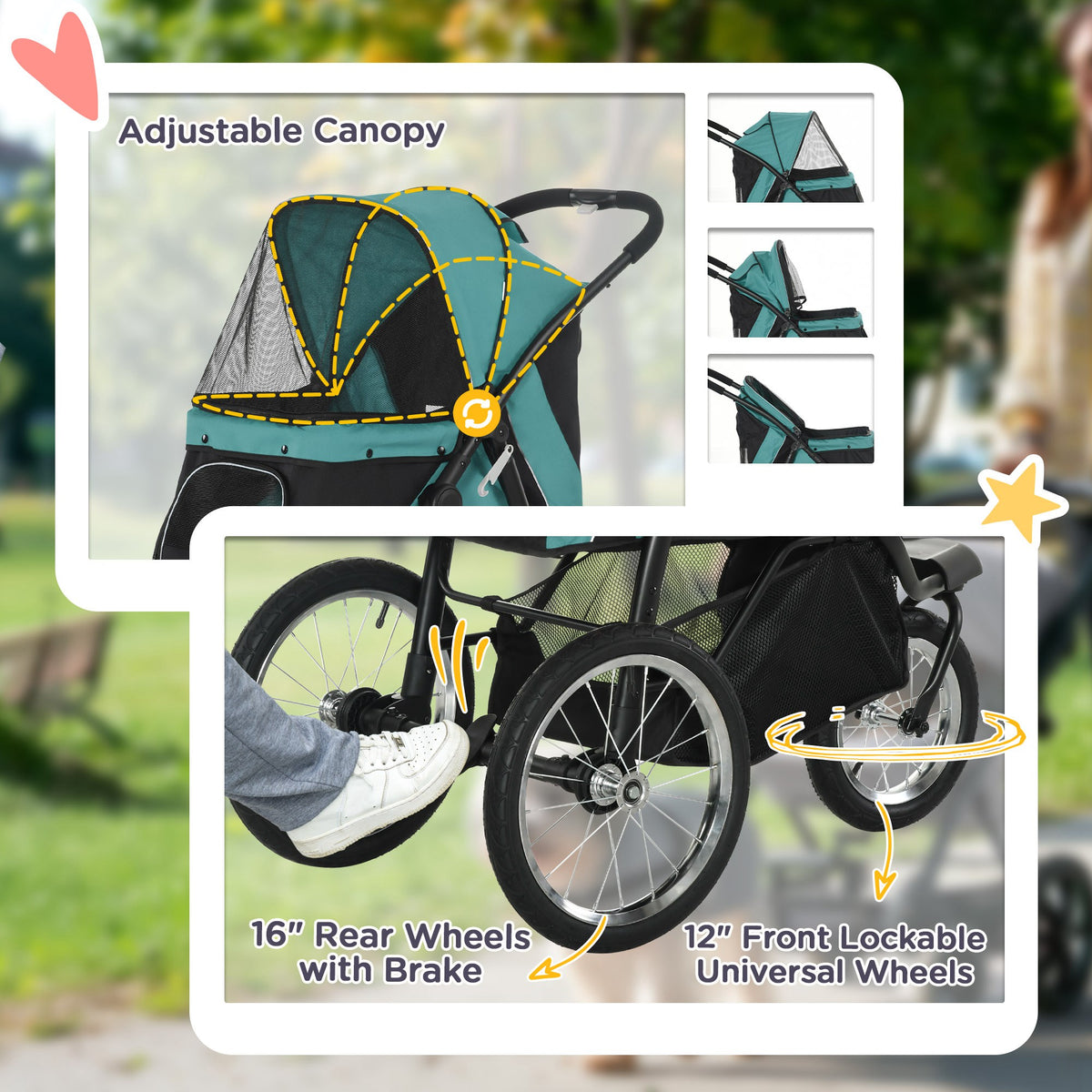 3 Wheels Pet Stroller for Small Dogs and Medium Dogs with Adjustable Canopy, Safety Tether, Storage Basket, Dark Green