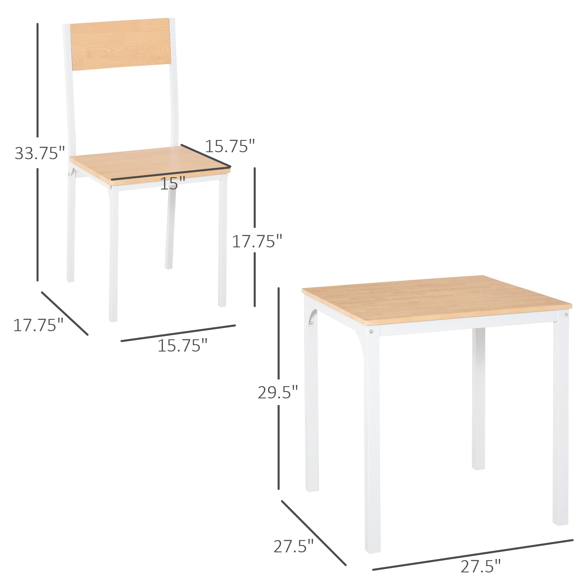 3-Piece Wooden Square Dining Table Set with 1 Table and 2 Chairs and Sturdy Metal Frame for Small Space, White