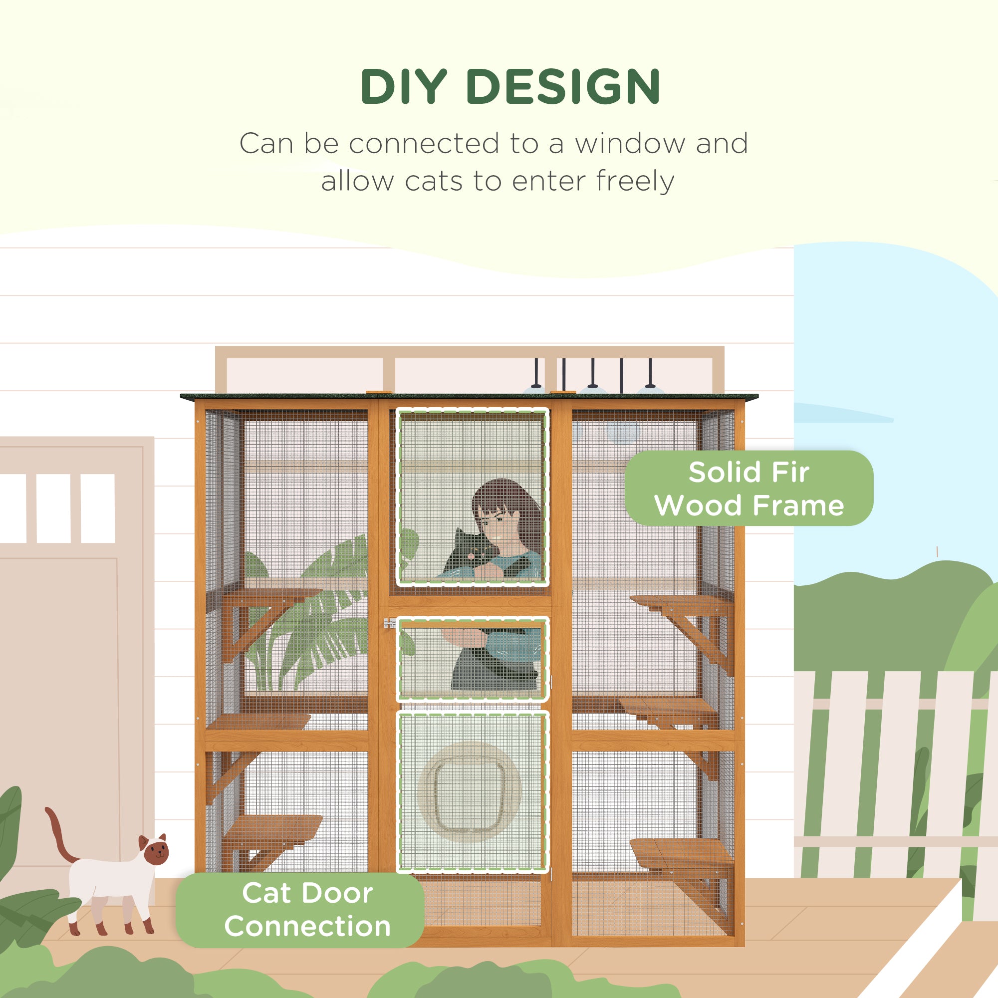 Outdoor Cat House Big Catio Wooden Feral Cat Shelter Enclosure with Large Spacious Interior, 6 High Ledges, Weather Protection Asphalt Roof, 71" L, Orange