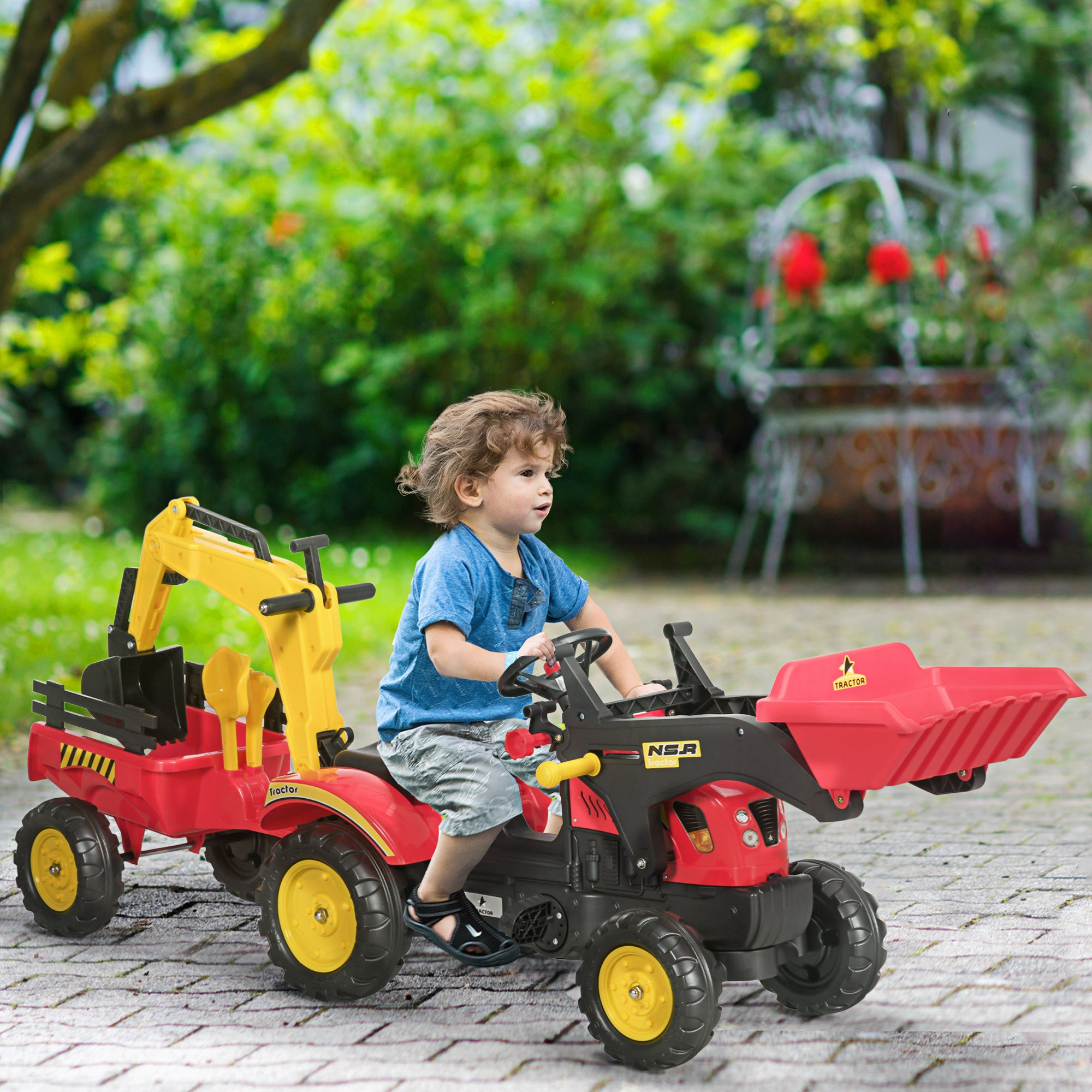 3 in1 Kids Ride On Bulldozer Excavator Toy with 6 Wheels Controllable Cargo Trailer Easy Pedal Controls for 3-6 Years