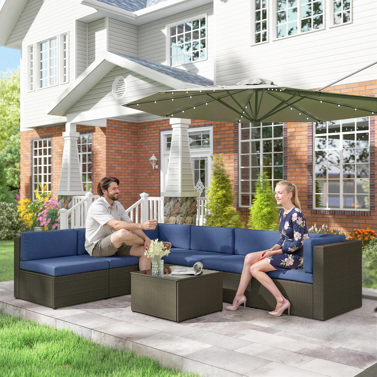 7 Piece Patio Furniture Set, All Weather PE Rattan Outdoor Furniture Conversation Sets with Glass Top Coffee Table