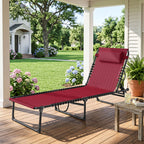Folding Chaise Lounge Pool Chair with 4-Position Reclining Back, Pillow, Breathable Mesh & Bungee Seat, Wine Red