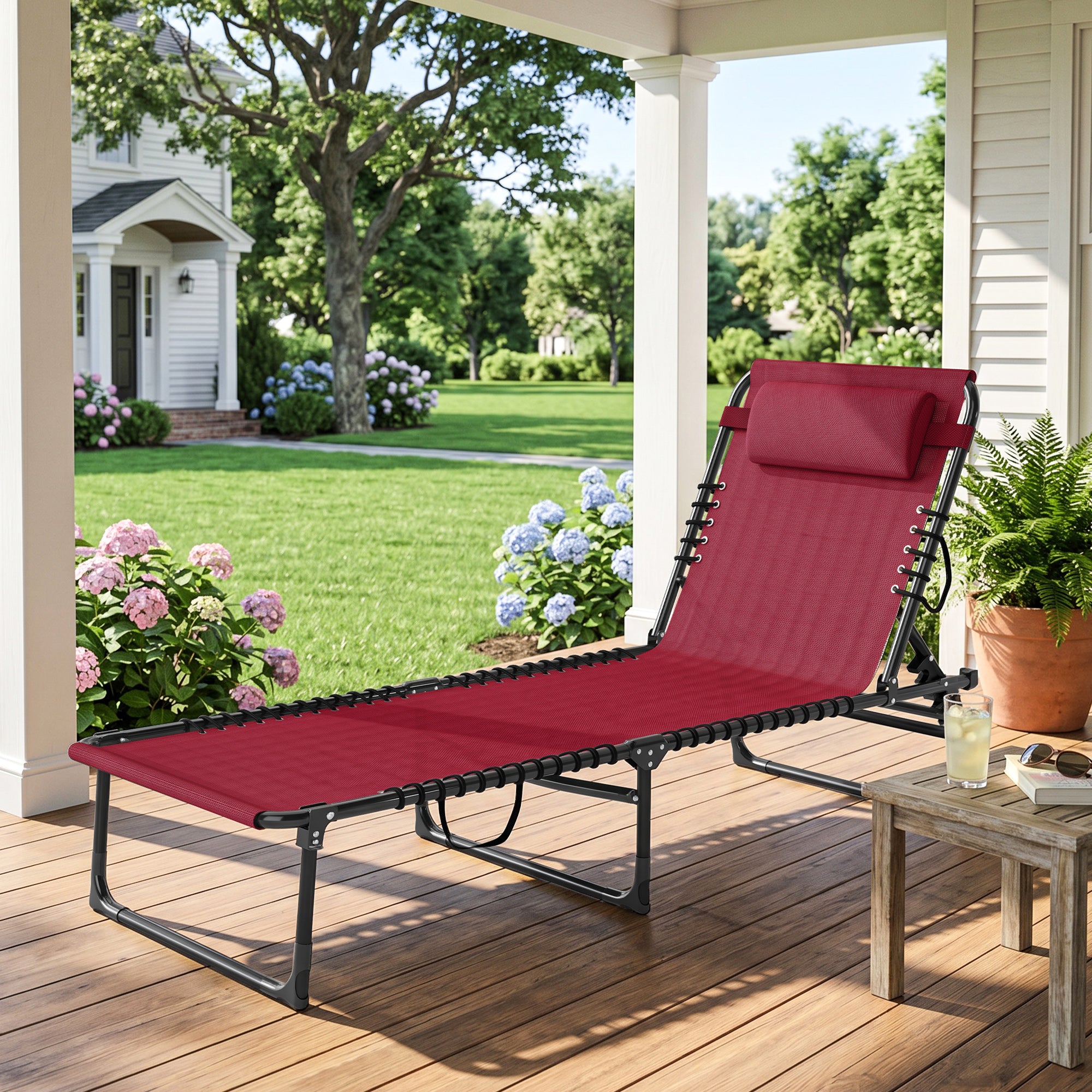 Folding Chaise Lounge Pool Chair with 4-Position Reclining Back, Pillow, Breathable Mesh & Bungee Seat, Wine Red