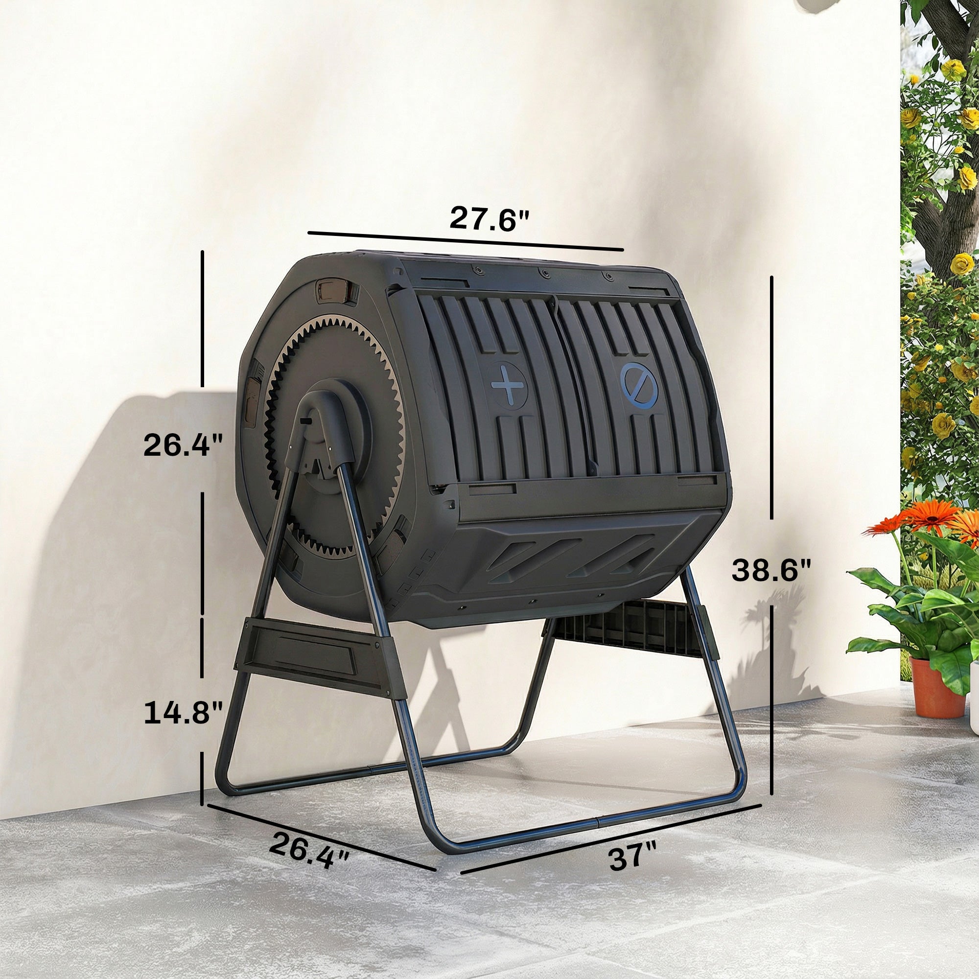Compost Bin Outdoor, 53 Gal Dual Chamber Tumbling Composter with Adjustable Vents, BPA Free Tumbling Composter, Black
