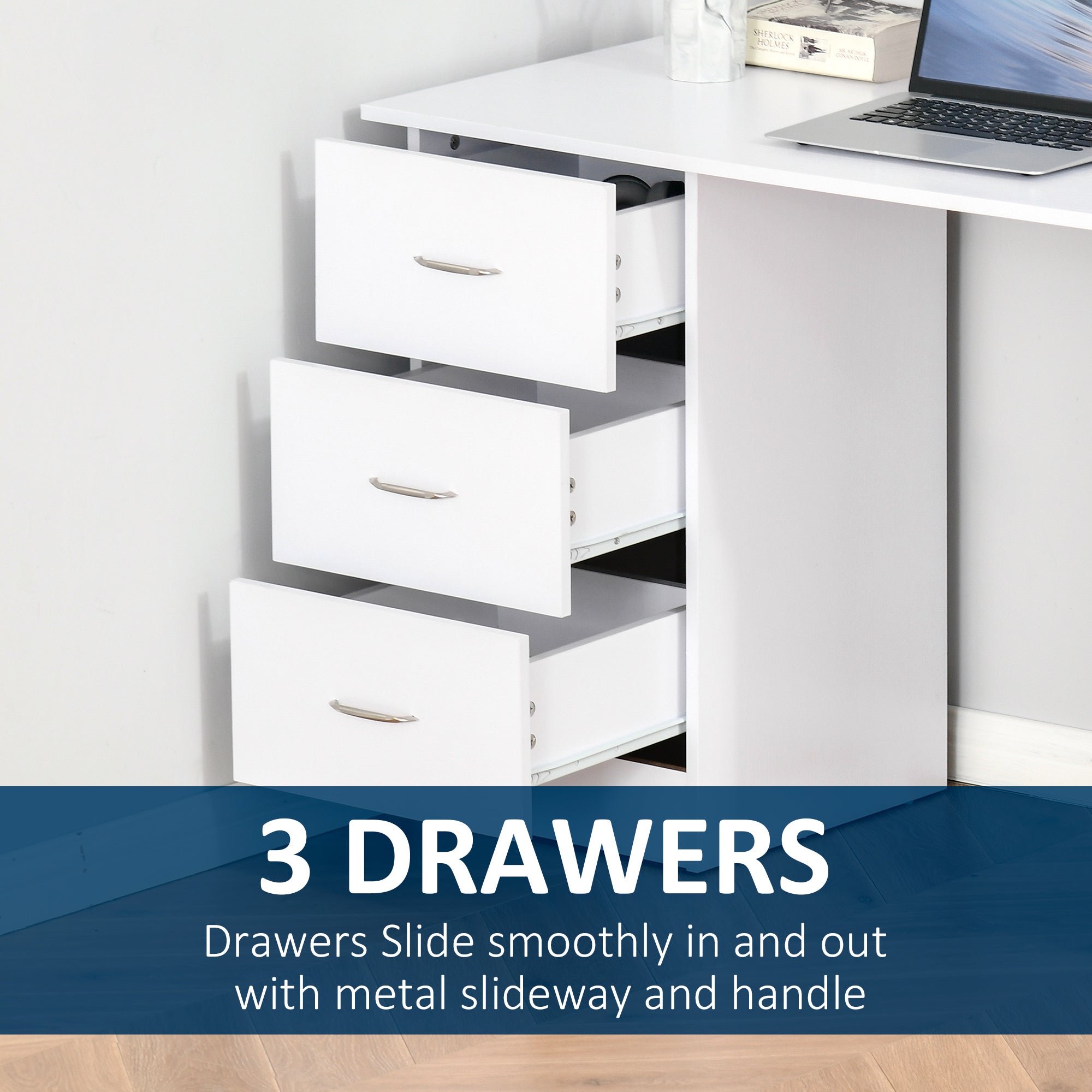 47" Modern Home Office Computer Desk Bookcase Combo Writing Table Workstation with 3 Drawer and Storage Shelf - White