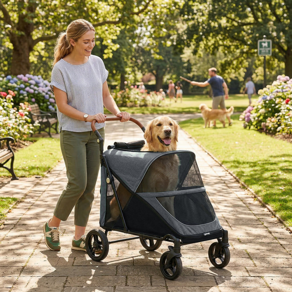 Dog Stroller for Large Dogs Up to 66 LBS with All-Terrain Spring Suspension, 8-Position Adjustable Handle, Gray