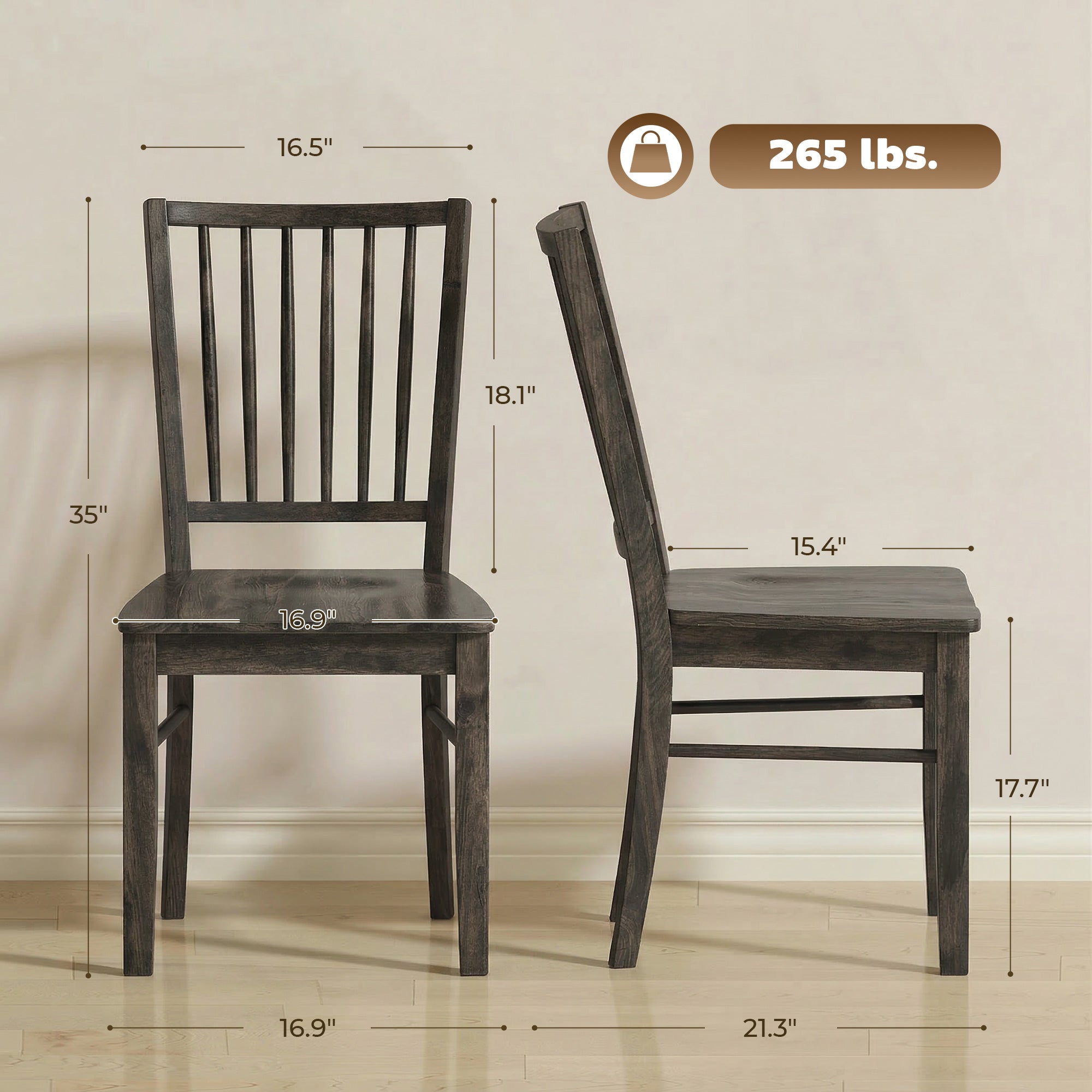 Dining Chairs Set of 2 Ergonomic Solid Wood, Armless Kitchen Chairs with Rubberwood Legs, Charcoal Gray
