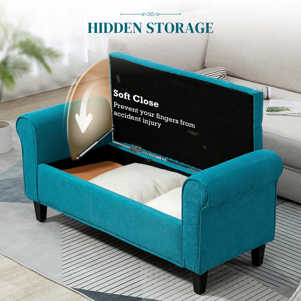 50 Inches Storage Ottoman, End of Bed Bench with Rolled Arms, Wood Legs, Button Tufted Storage Bench, Teal