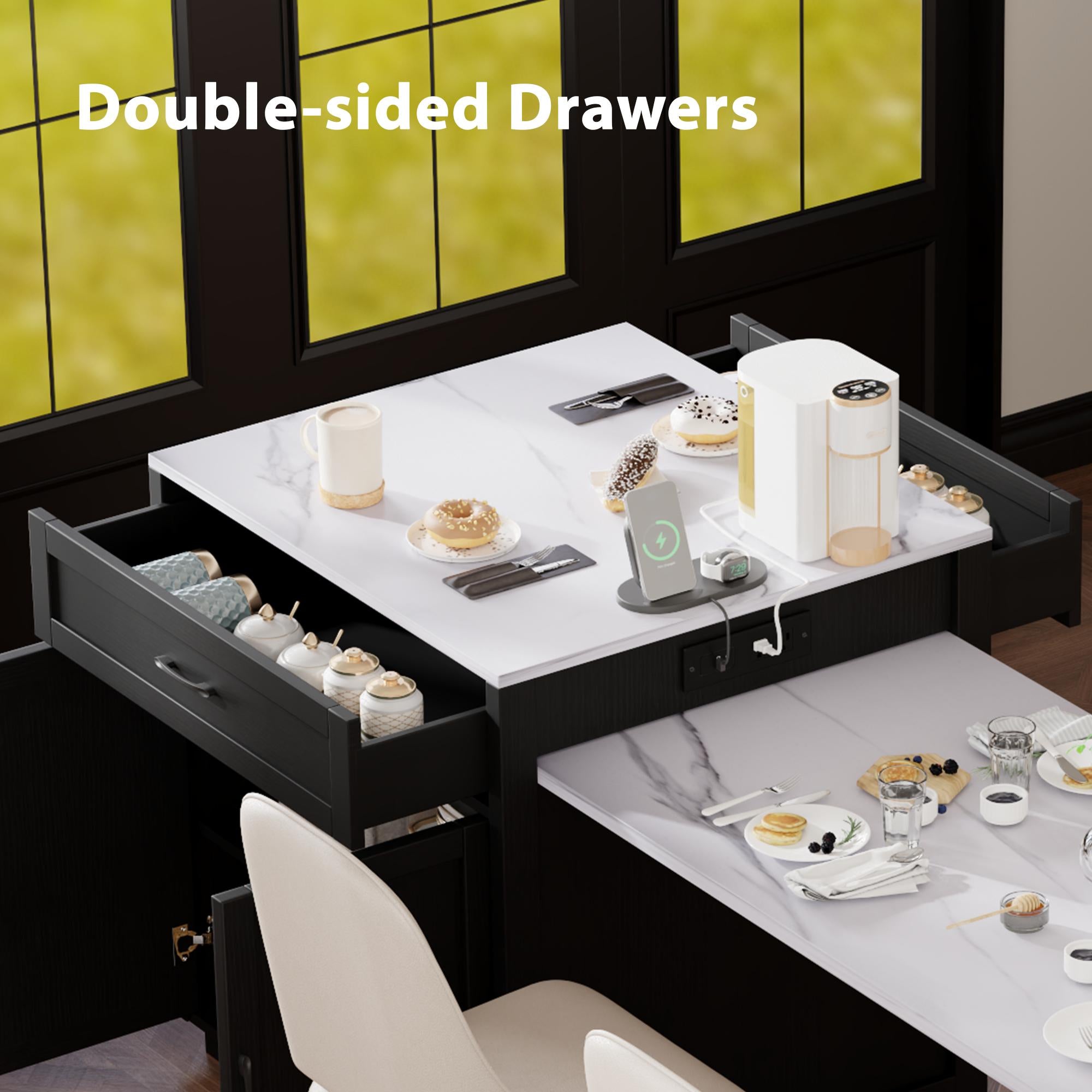 Kitchen Island with Extendable Dining Table for 4-6, Faux Marble Top, Double-Sided Storage, Power Outlet, 2 Drawers, 2 Side Open Shelves, Black