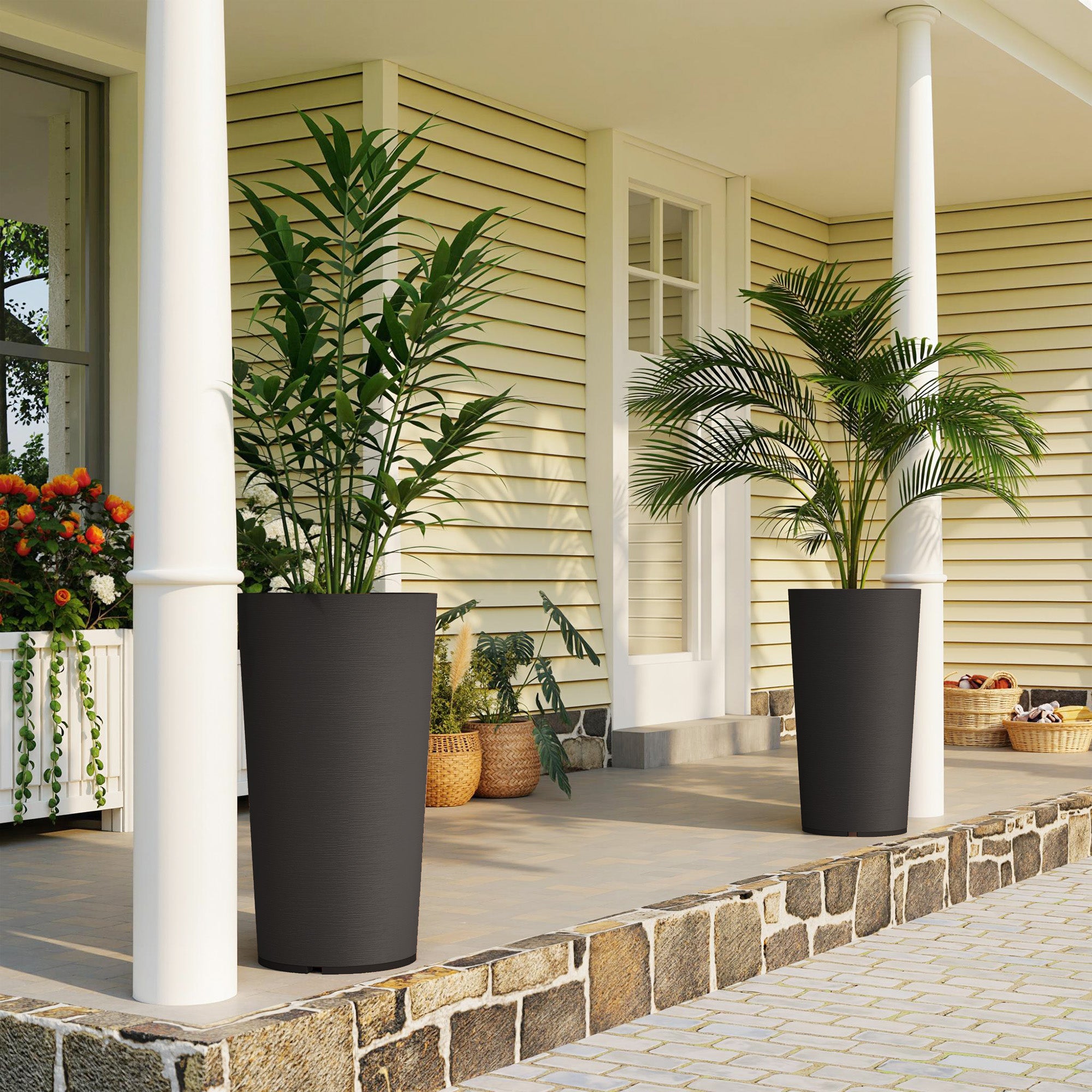 29 Inch Outdoor Planter, Set of 2 Plastic Flower Pots, Weather and UV Resistant Stackable Large Planters, Black