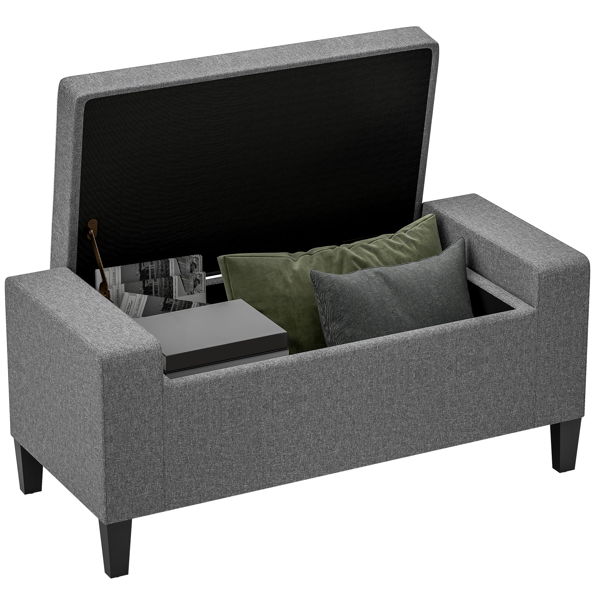 36" Ottoman with Storage, Storage Ottoman Bench with Lift Top and Rubberwood Legs, Linen Upholstered Entryway Bench with Seating for Living Room, Bedroom, Holds up to 330 lb, Gray