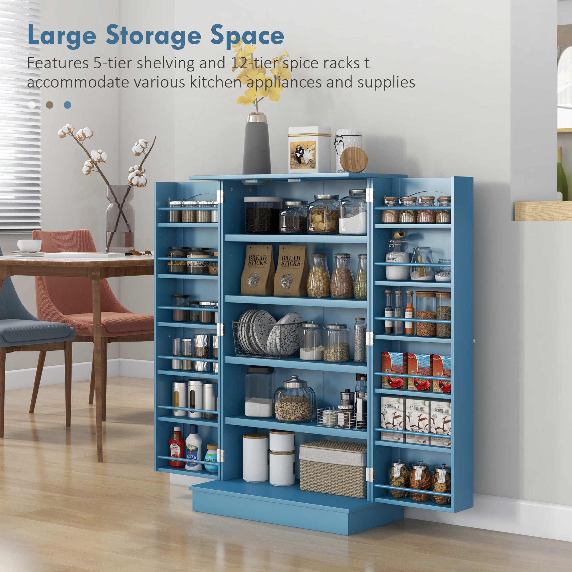 Freestanding Kitchen Pantry Cabinet, Kitchen Cabinet with 12 Door Shelves, Double Doors, 5-tier Shelving, Blue