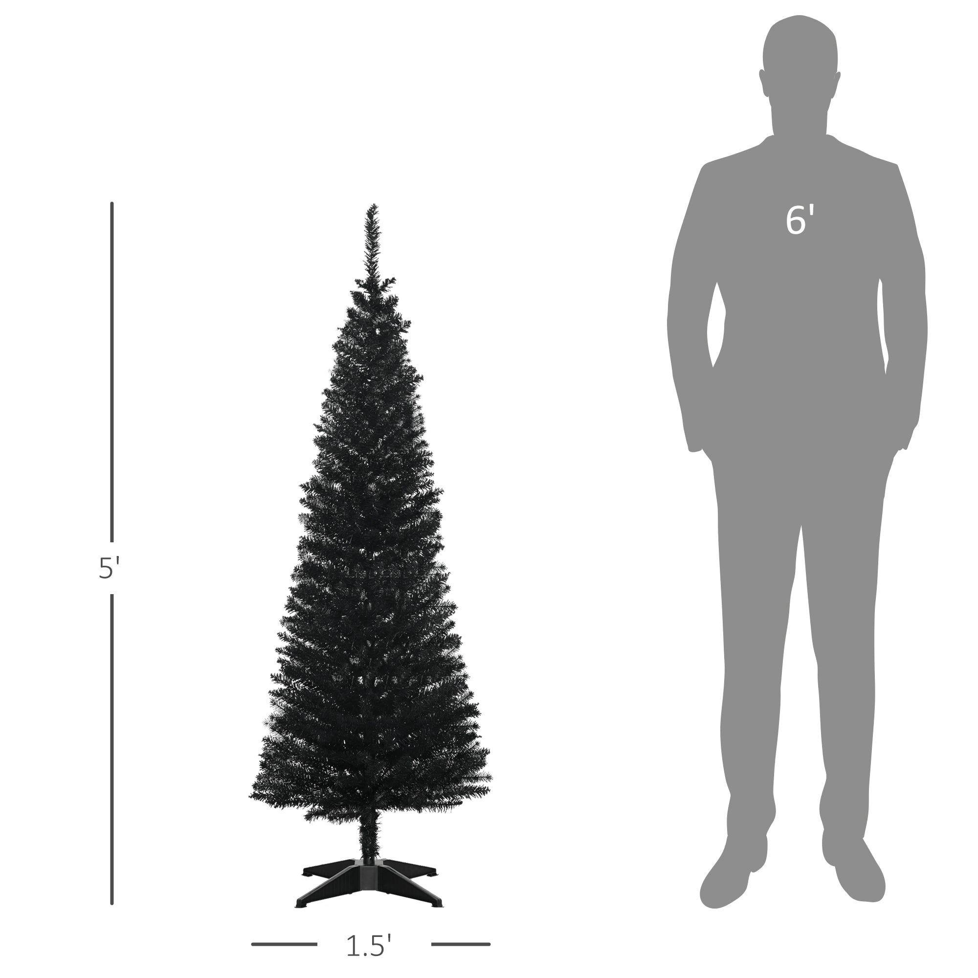 5' Artificial Pencil Christmas Tree, Slim Xmas Tree with 294 Realistic Branch Tips and Plastic Stand, Black