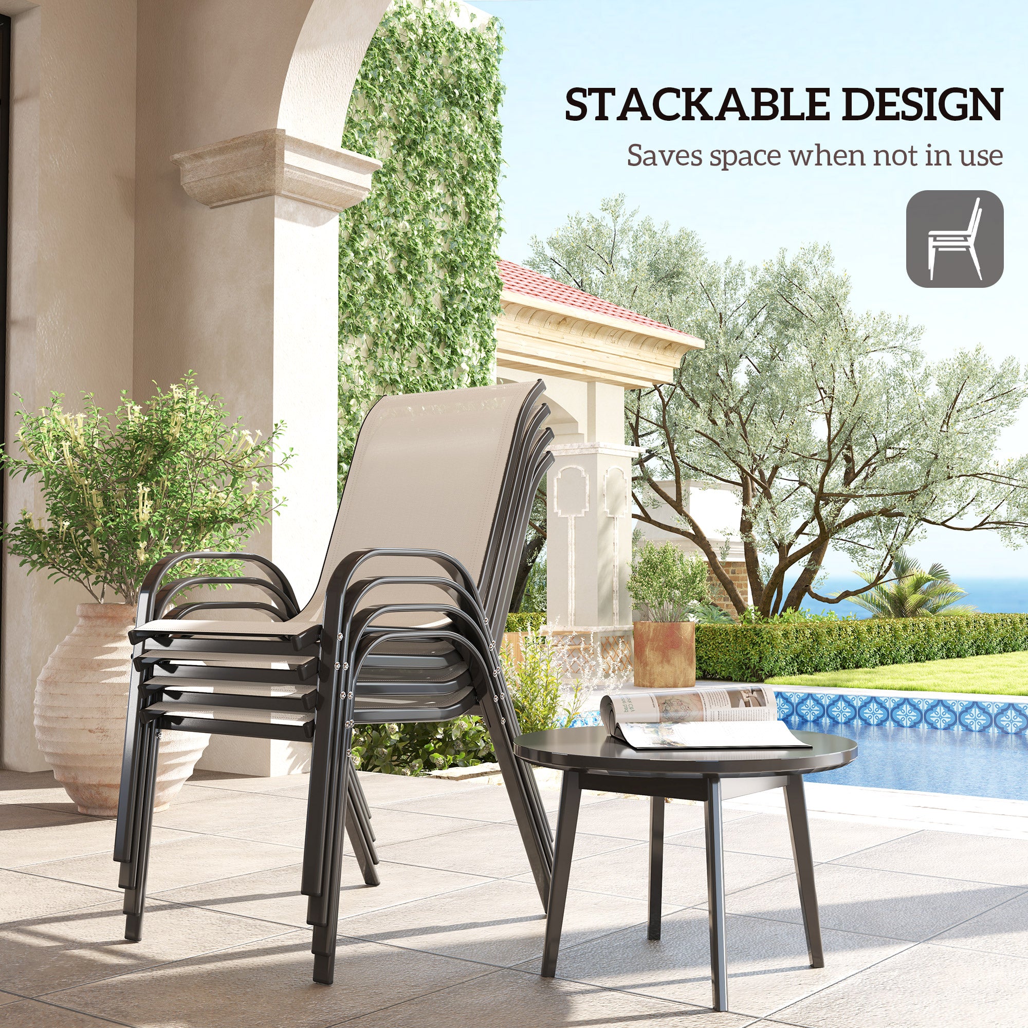 Set of 4 Outdoor Dining Chairs, Stackable Patio Chairs with High Back, Breathable Mesh Seat for Garden Lawn, Beige